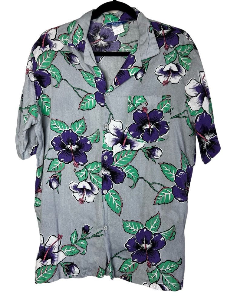 Vintage 1980's Hawaii Blues Gray and Neon Hibiscus Aloha Shirt Size US L / EU 52-54 / 3 - 1 Thumbnail
