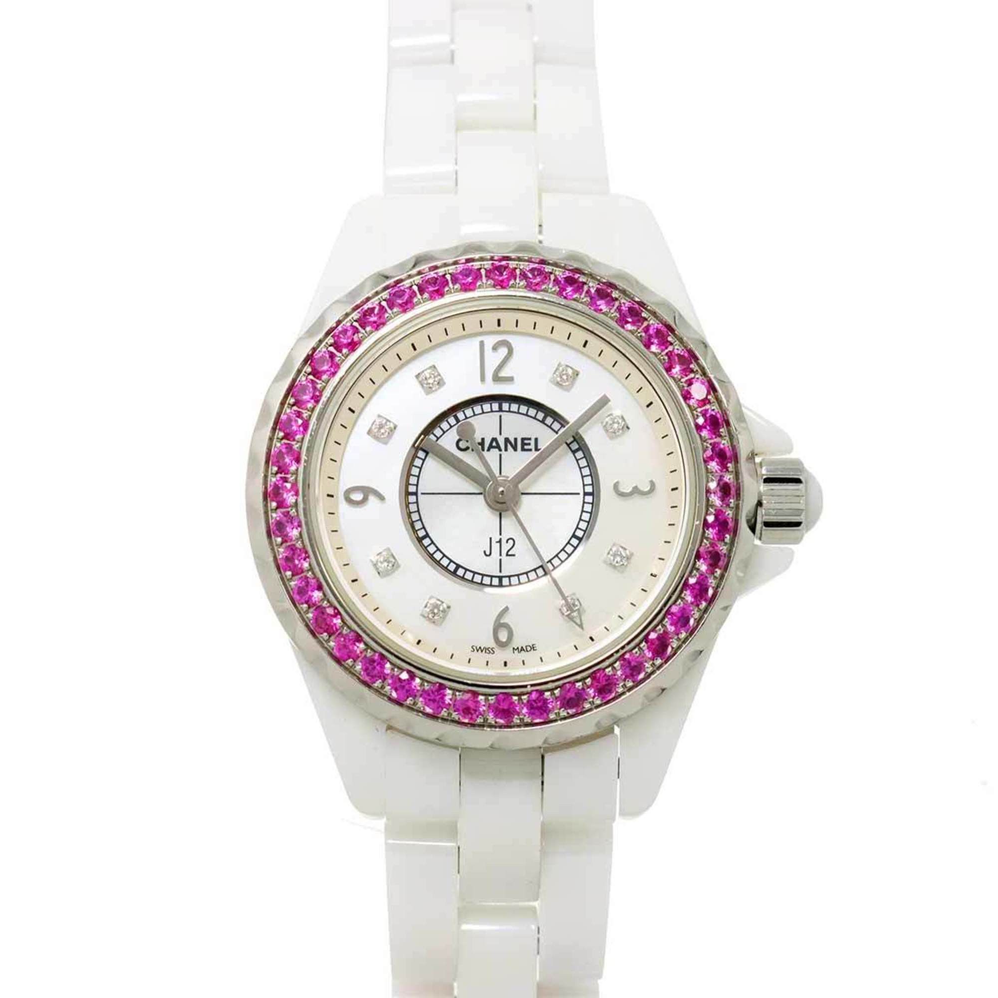 Chanel J12 29Mm H3243 Ladies Watch Pink Sapphire Bezel 8P Diamond White Shell Ceramic Quartz, Women's