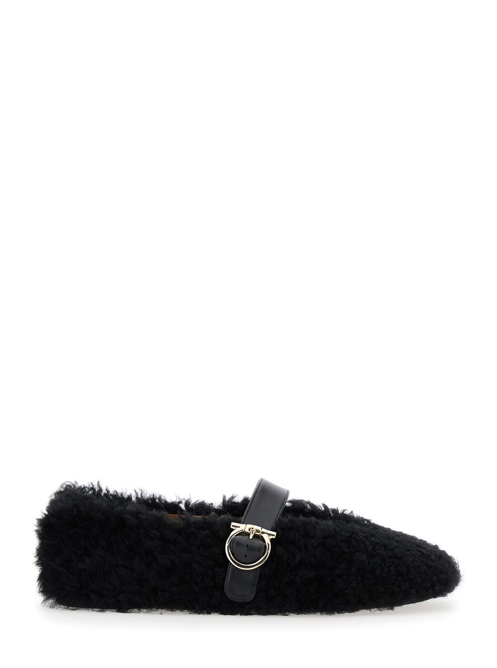 Salvatore Ferragamo Black Ballerinas with Shearling Design and Buckle in Leather Woman Size US 10.5 / IT 40.5 - 1 Thumbnail