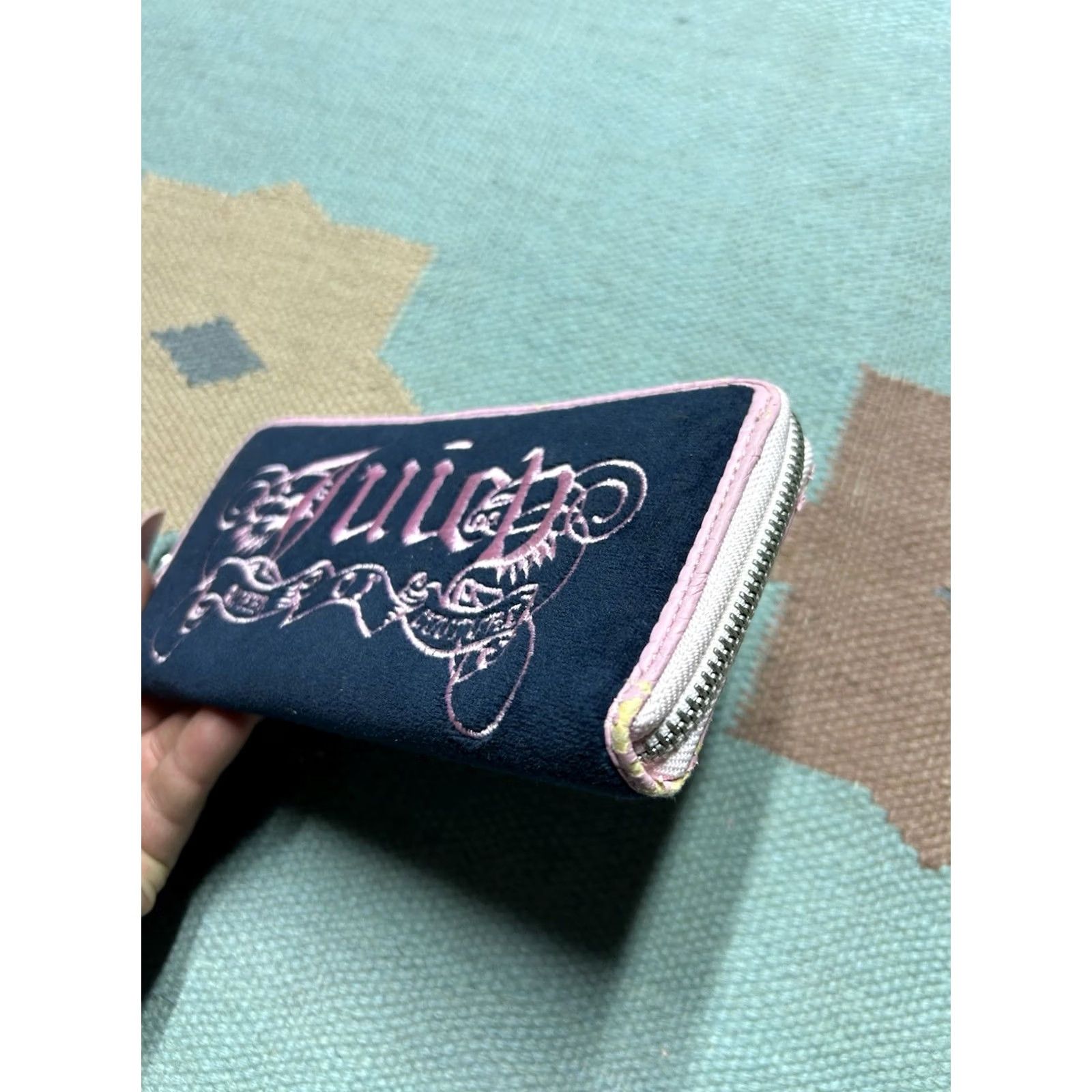 Juicy Couture Juicy Couture Wallet Zip Clutch Wristlet Black Velvet Embroidered Pink Womens Size ONE SIZE - 5 Thumbnail