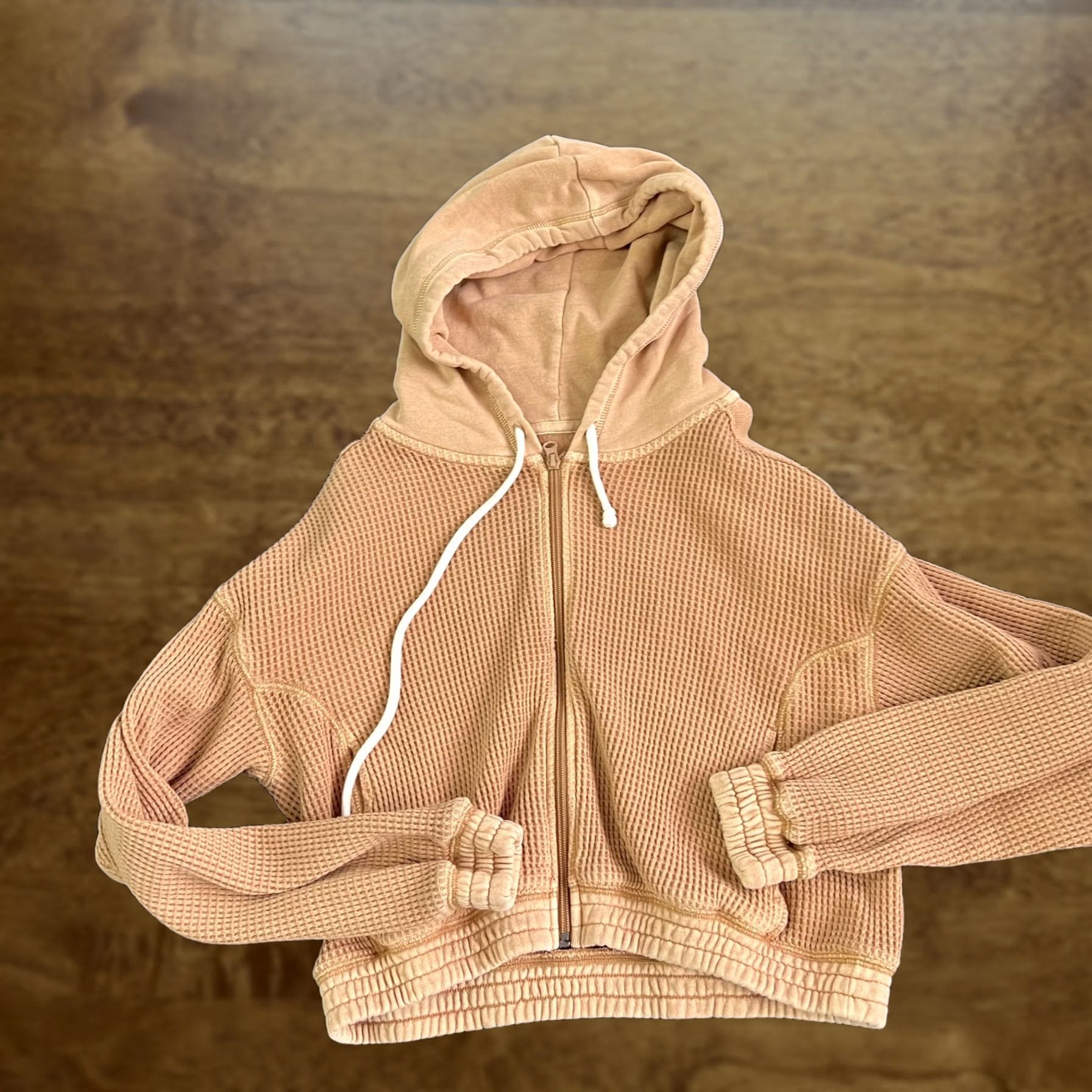 Vintage Aerie Hoodie Womens Small Tan Waffle Knit Zip Front Cropped Sweatshirt Lounge Size S / US 4 / IT 40 - 1 Thumbnail