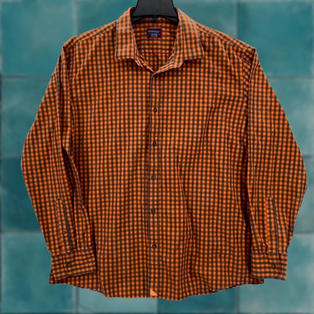 UNTUCKit UNTUCKit Flannel Shirt Mens 2XL Regular Fit Orange Gray Gingham Plaid Camp Shirt Size US XXL / EU 58 / 5 - 1 Thumbnail