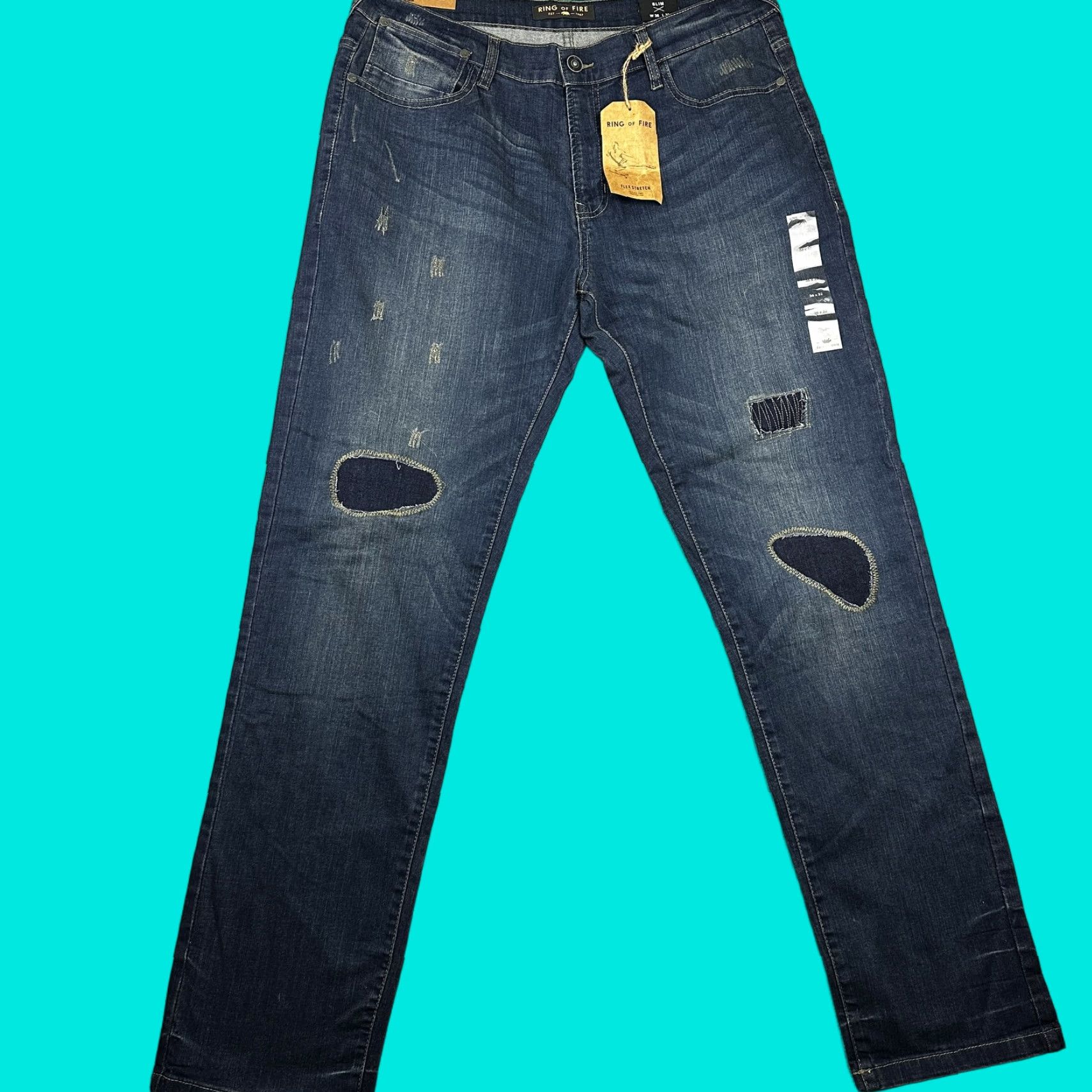 Ring Of Fire Ring of Fire Jeans Mens 36x32 Elan Denim Slim Hudson Distressed Stretch New Blue Block Patchwork Straight 90s Grunge Punk Mens Size US 36 / EU 52 - 1 Thumbnail