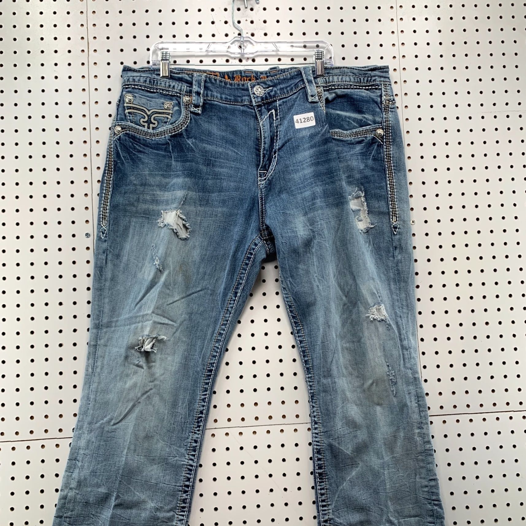 VINTAGE Rock Revival Denim Jeans Mens 42x31 Blue Distressed Straight Y2K Embroidered