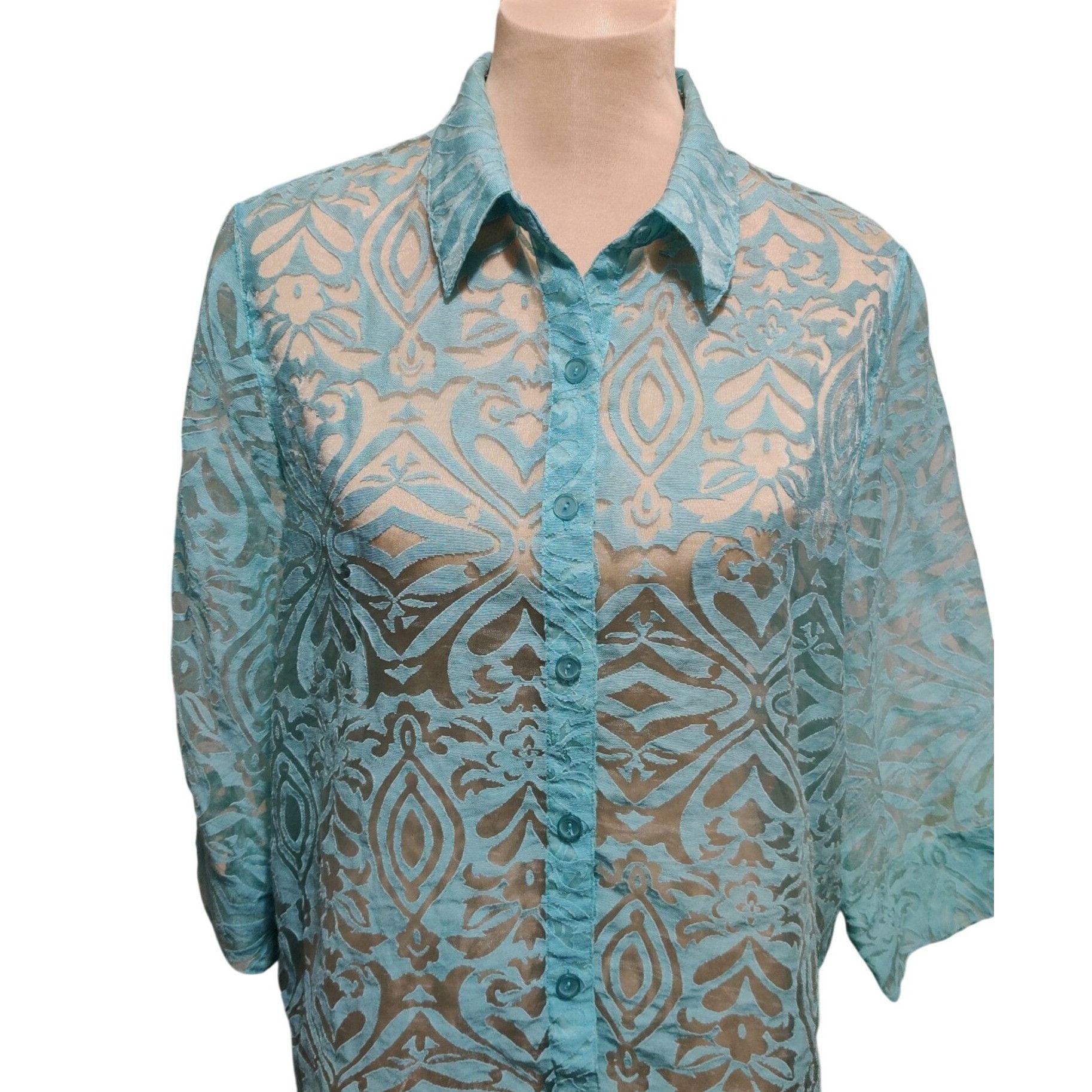 Vintage Womenx XL Blouse Turquoise Blue Sheer Burnout Vintage Button Size XL / US 12-14 / IT 48-50 - 2 Thumbnail