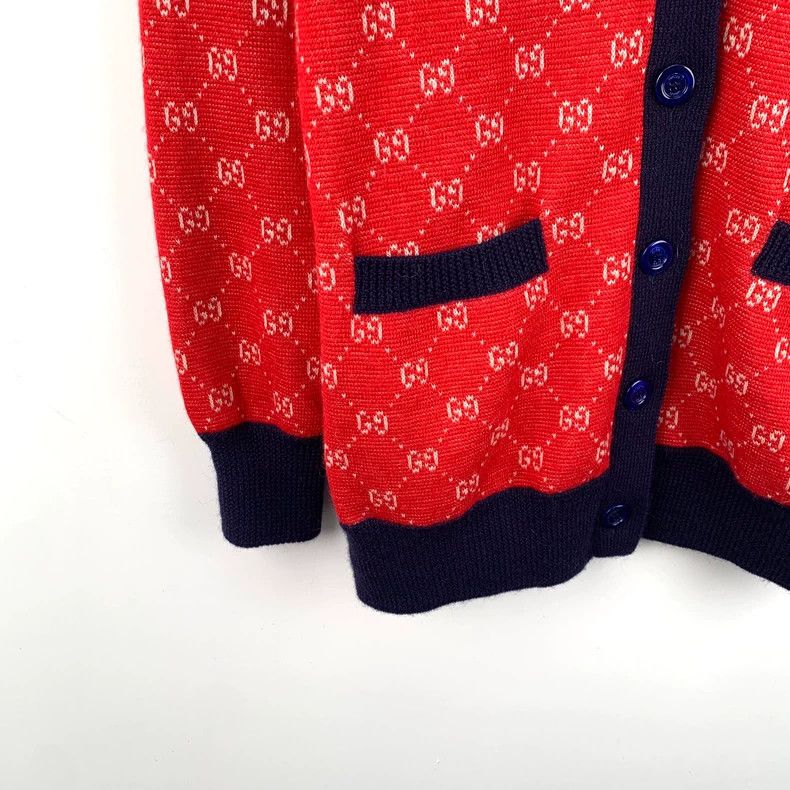 Gucci Gucci Red logo jacquard full-print wool V-neck single-brea Size S / US 4 / IT 40 - 4 Thumbnail