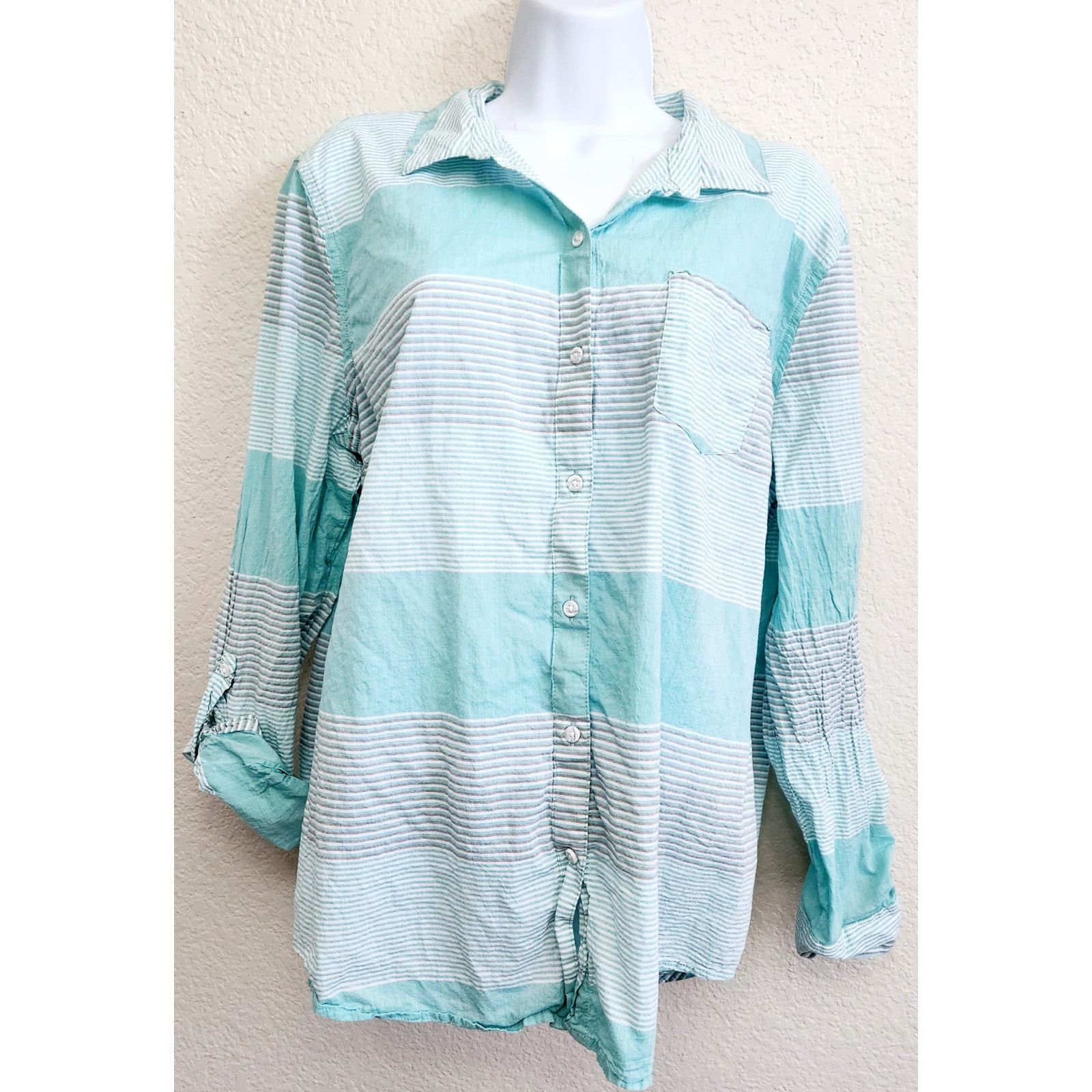 Other Cato Teal Gray Striped Button Up Top XL Collard Lightweight Size XL / US 12-14 / IT 48-50 - 1 Thumbnail