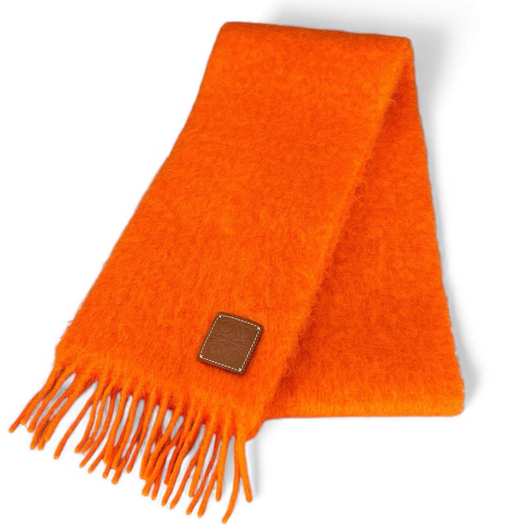 Loewe LOEWE Mohair Wool Anagram Leather Patch Fringe Scarf, Orange, Made in Spain, Authentic, Women's Size ONE SIZE - 1 Thumbnail