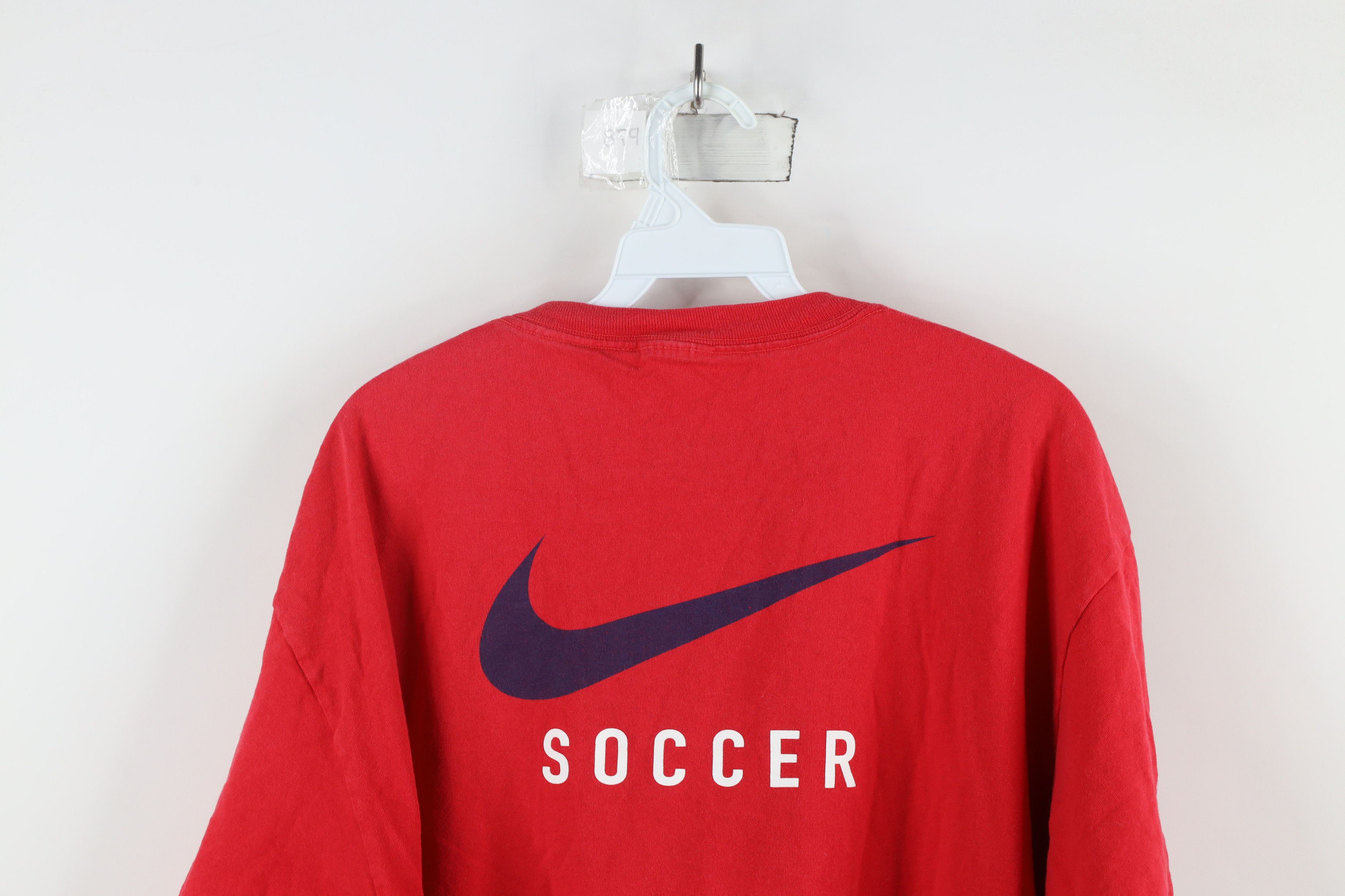 Nike × Vintage Vintage 90s Nike Soccer Coaches Big Swoosh T-Shirt Red Size US XL / EU 56 / 4 - 8 Thumbnail