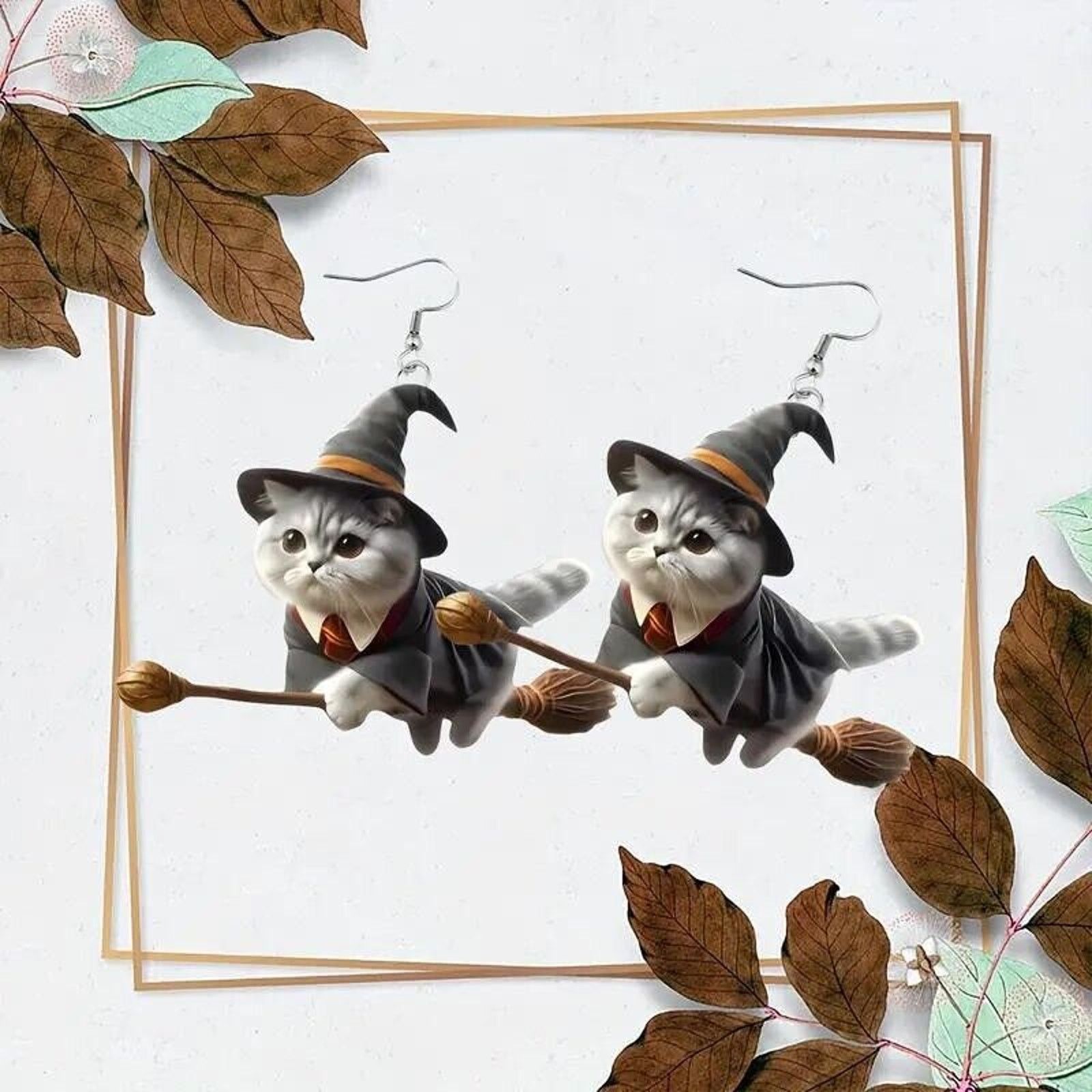 Other Halloween Witch Cat Riding a Broomstick • Acrylic Earrings Size ONE SIZE - 2 Thumbnail