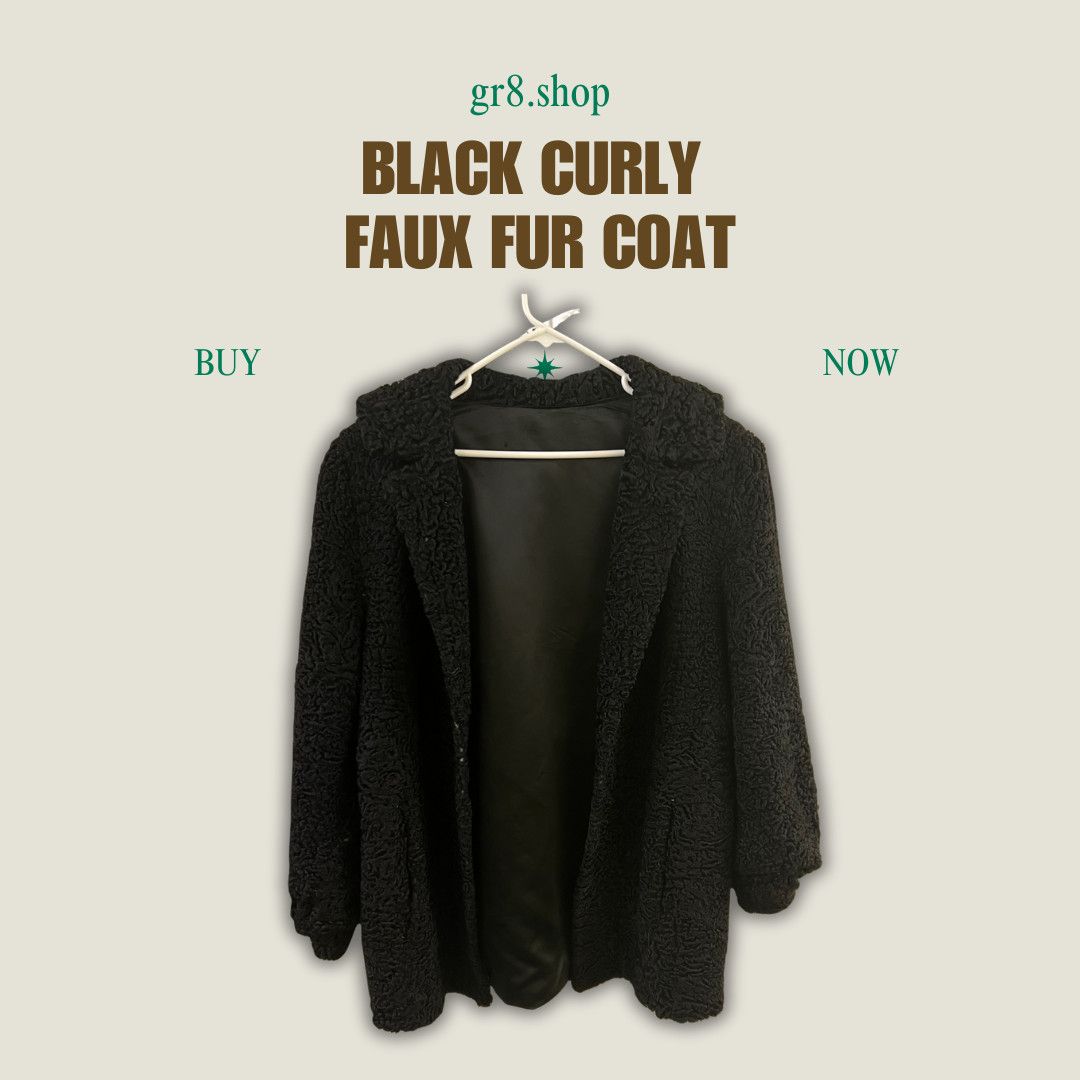 Other Black Curly Faux Fur Coat With Hood & Satin Lining - Womens Size M / US 6-8 / IT 42-44 - 1 Thumbnail