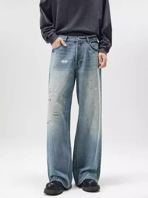 Japanese Brand Riho Ink splash trend loose straight ice blue jeans for men Size US 32 / EU 48 - 2 Thumbnail