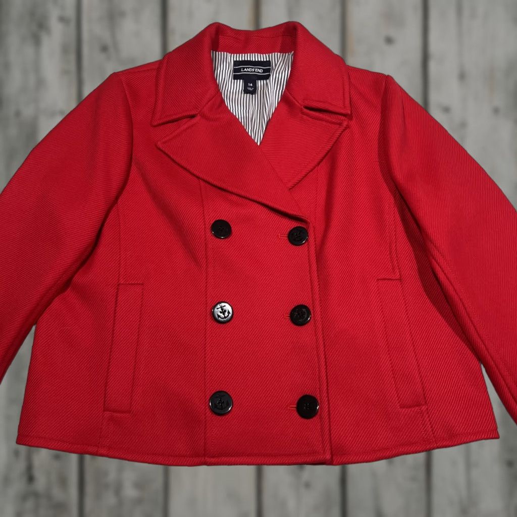 VINTAGE Lands' End Red Double-Breasted Cropped Peacoat Womens 14 Jacket Nautical Lined