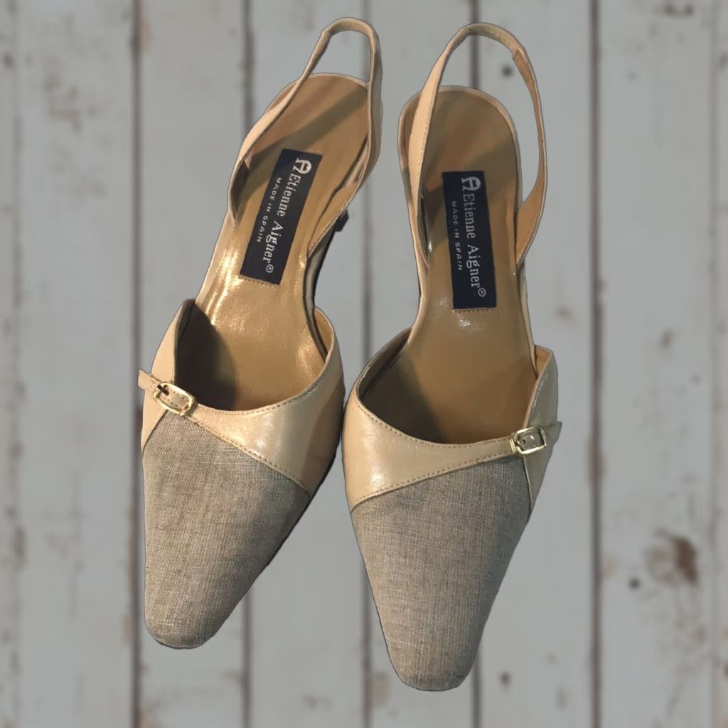 Etienne Aigner Etienne Aigner Beige Slingback Heels Womens Size 7.5M Mid Heel 2.5in Pointed Toe Spain Size US 8 / IT 38 - 1 Thumbnail