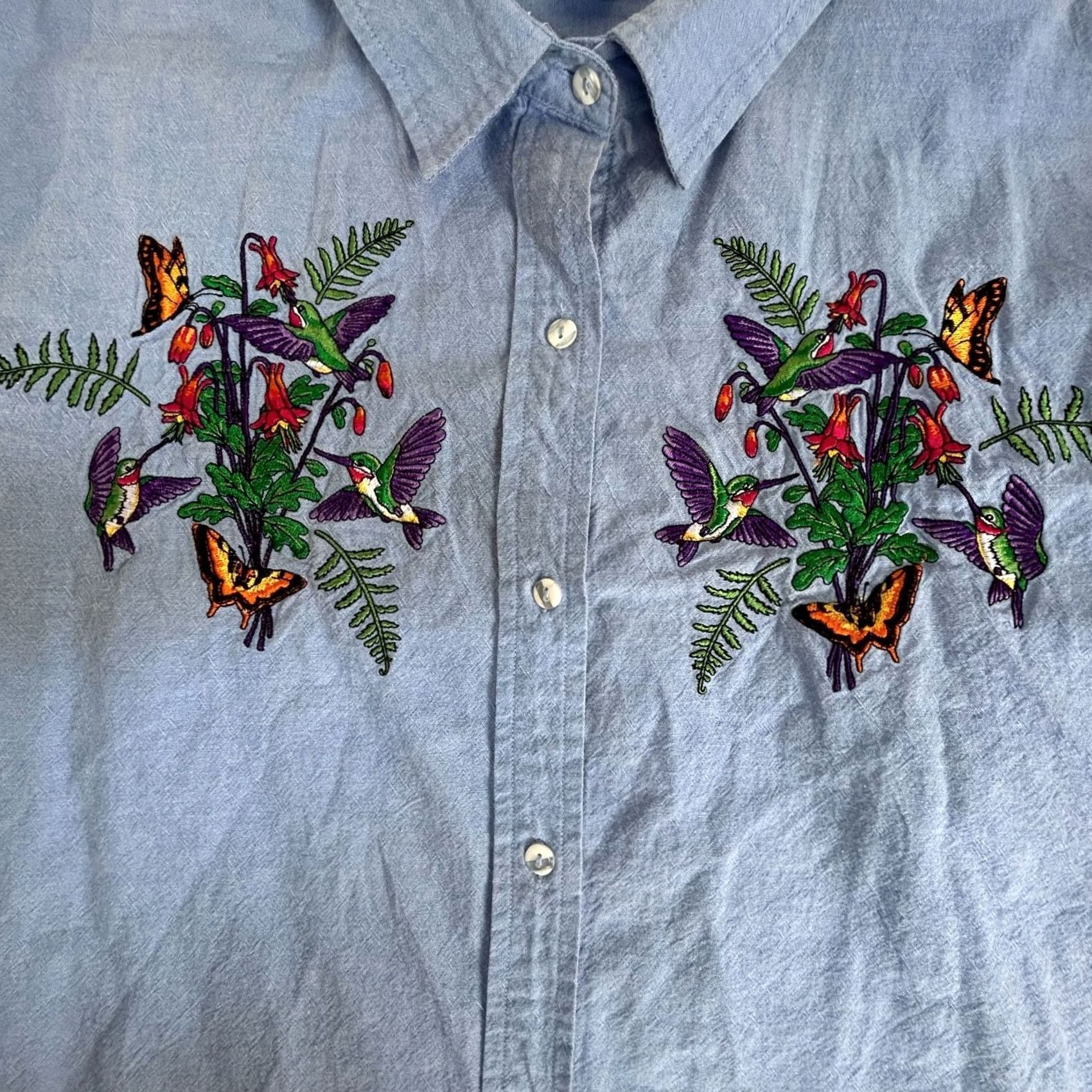 Vintage Casey Coleman Womens Button-Up Shirt Top XL Blue Floral & Butterfly Embroidered Long Sleeve Tunic Shirt Womens Size XL / US 12-14 / IT 48-50 - 8 Thumbnail