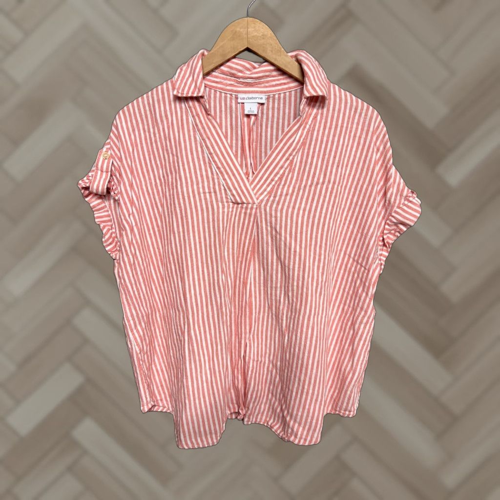 Liz Claiborne LIZ CLAIBORNE Blouse Women Pink Striped Linen Short Sleeve Round Neck Pullover Casual Size L Size L / US 10 / IT 46 - 1 Thumbnail