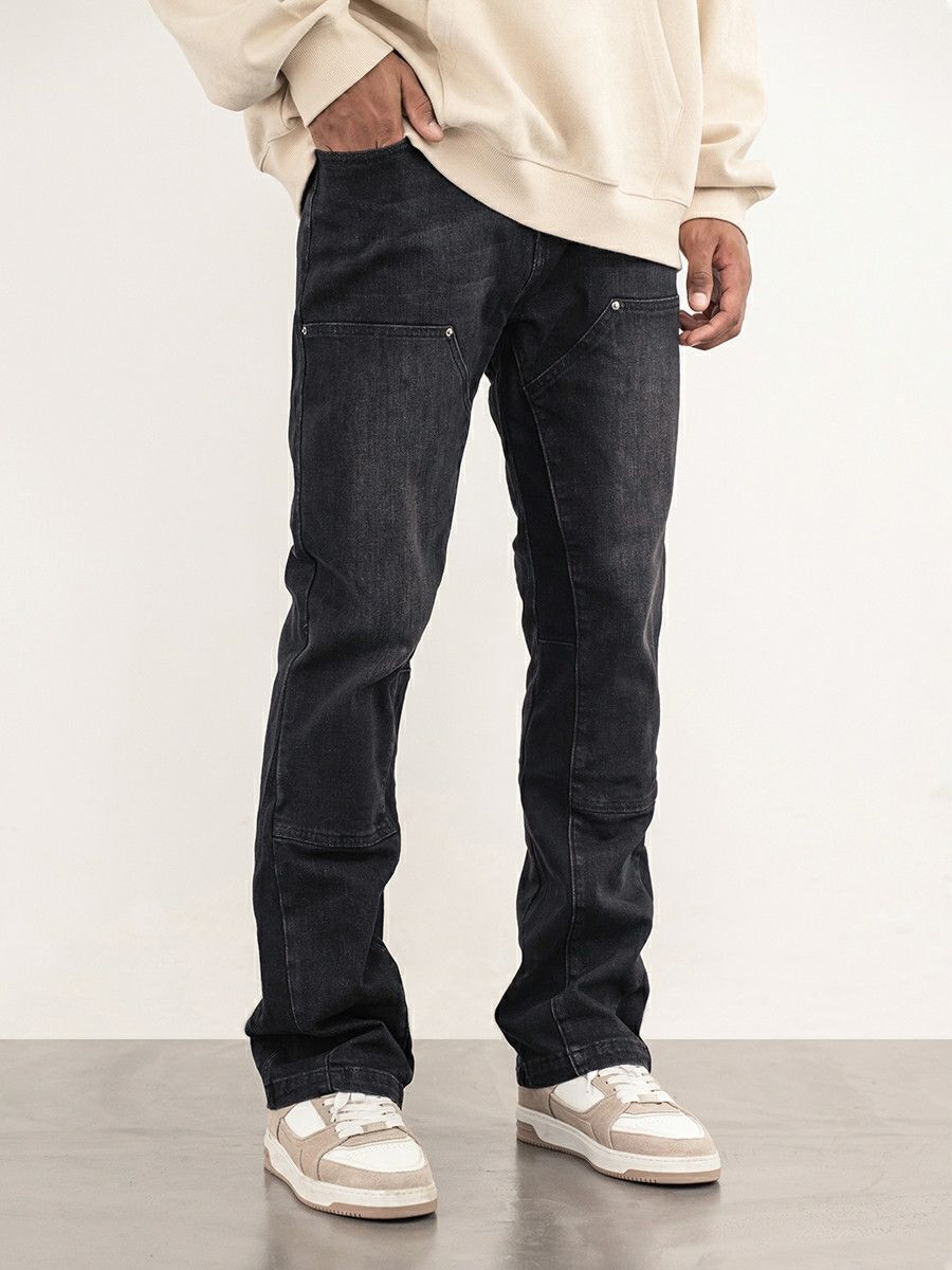retro distressed patchwork utility flared jeans