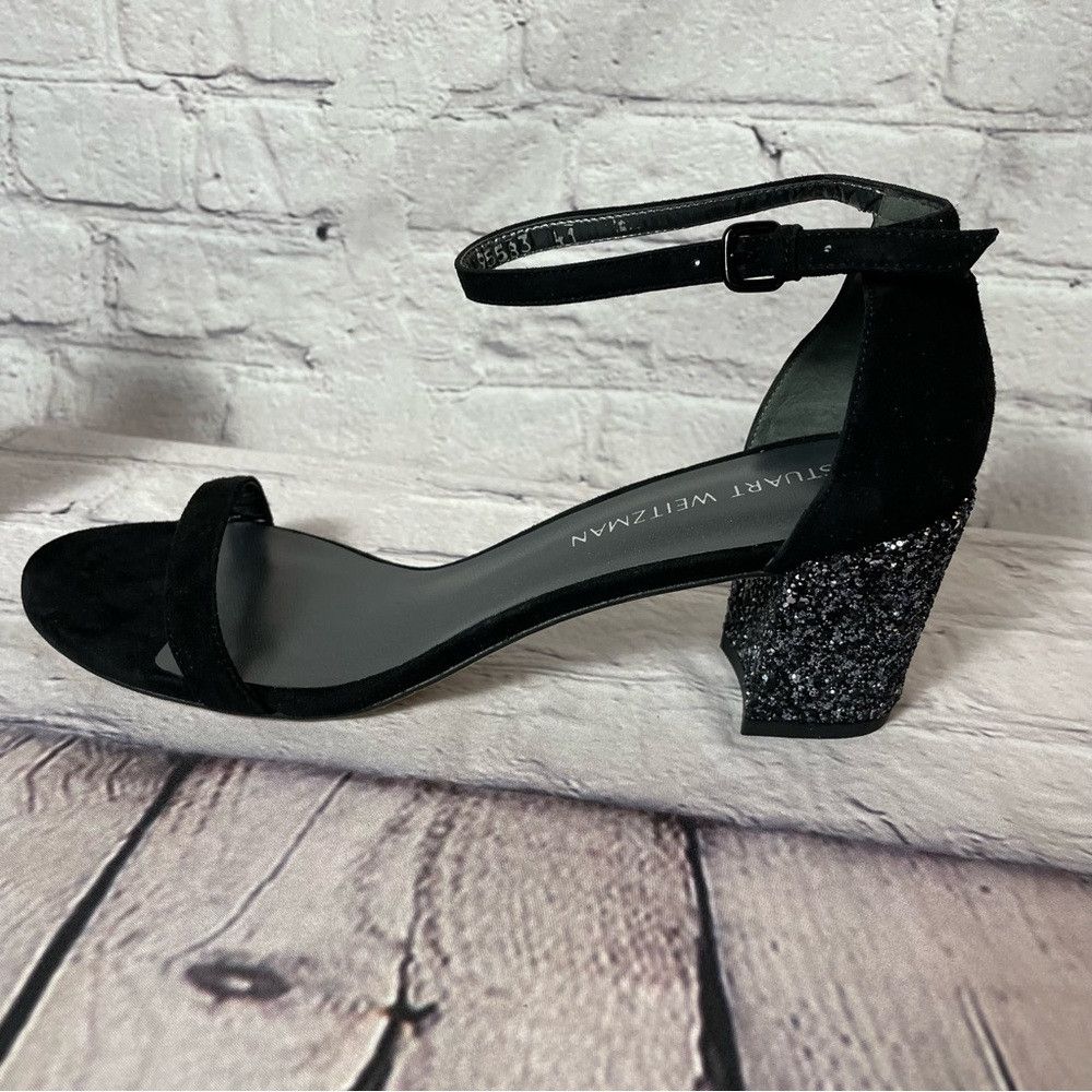 Stuart Weitzman New Stuart Weitzman Simple Black Block Glitter Heel Suede S Size US 10.5 / IT 40.5 - 4 Thumbnail