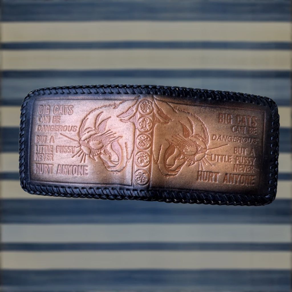 Vintage VINTAGE Handmade Leather Wallet Big Cats Can Be Dangerous Whipstitch Bi Fold USA Made Wallet Mens Brown Leather 9 in 4 in Fold Size ONE SIZE - 1 Thumbnail