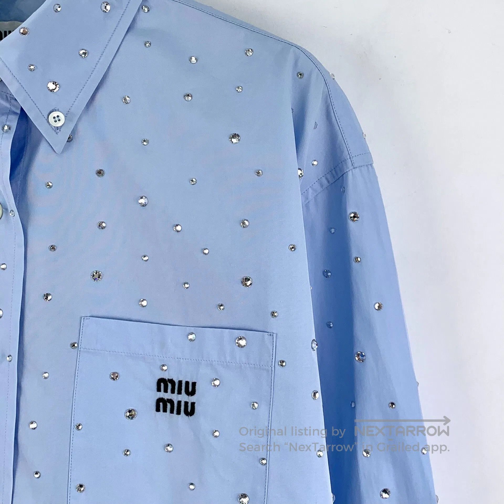 Miu Miu Miu Miu Blue Logo Crystal Cotton Shirt. Size XS / US 0-2 / IT 36-38 - 3 Thumbnail