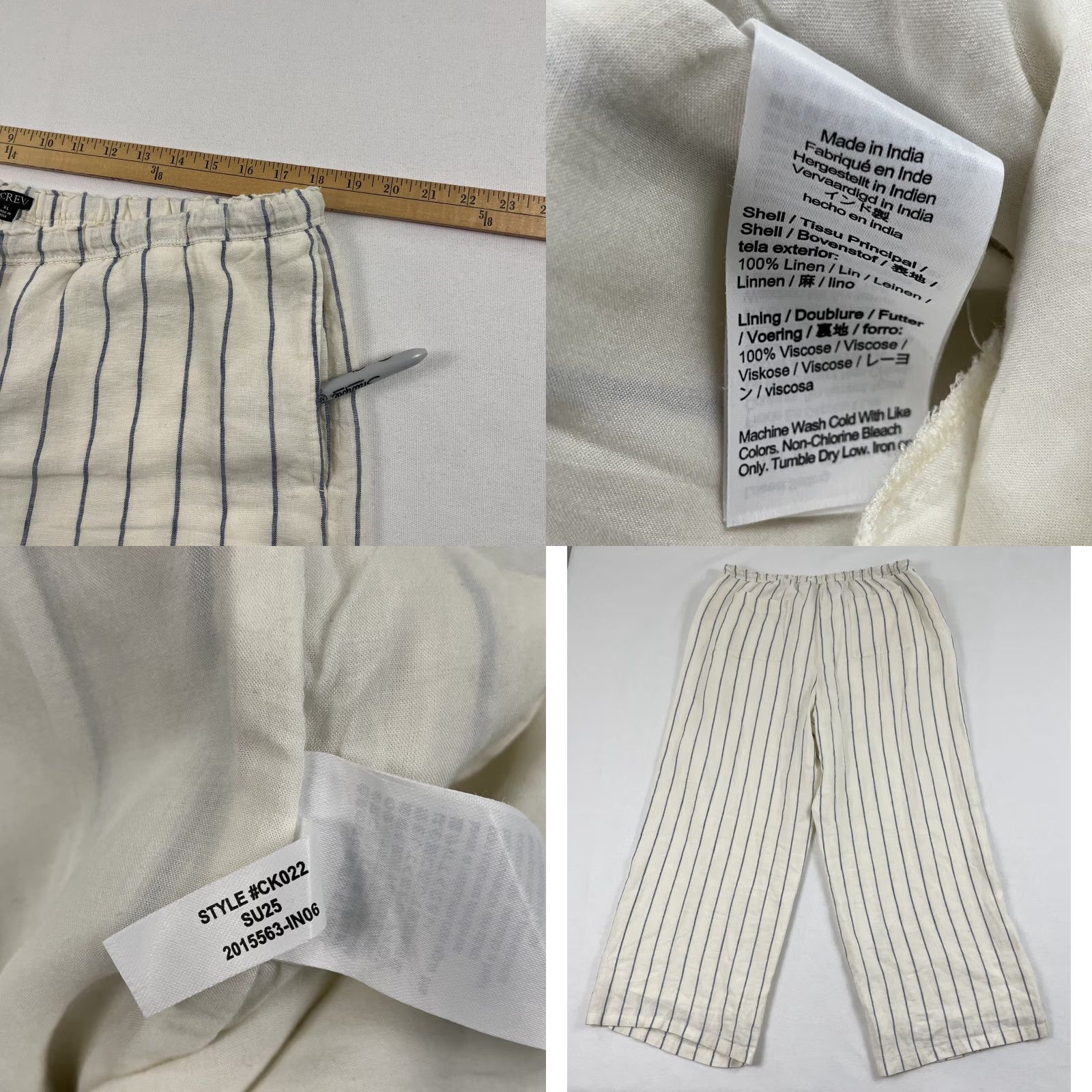J.Crew J. Crew Soleil Pants Womens XL Ivory White Striped Linen Wide Leg Lined Elastic Size 40" / US 18 - 8 Thumbnail