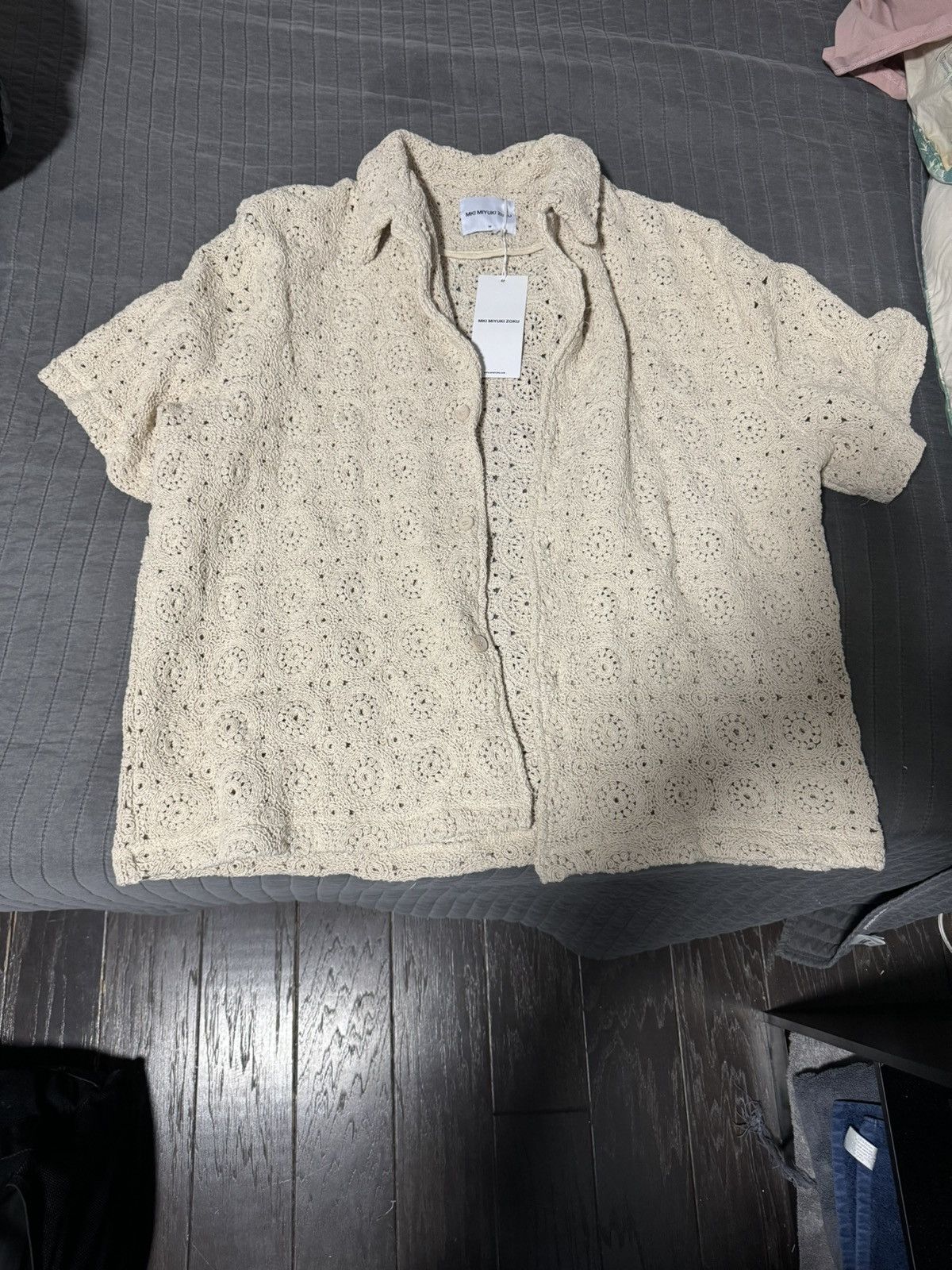 image of Mki Miyuki Zoku Mki Crochet Shirt in Tan, Men's (Size Medium)