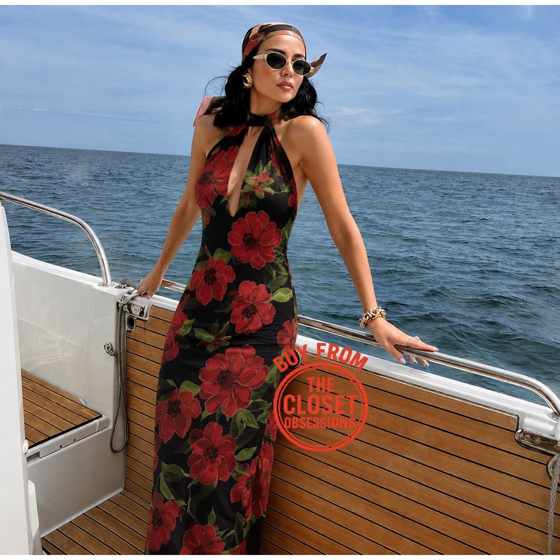 Zara Zara NWT Black Red Floral Scarf Neck Maxi Dress M L