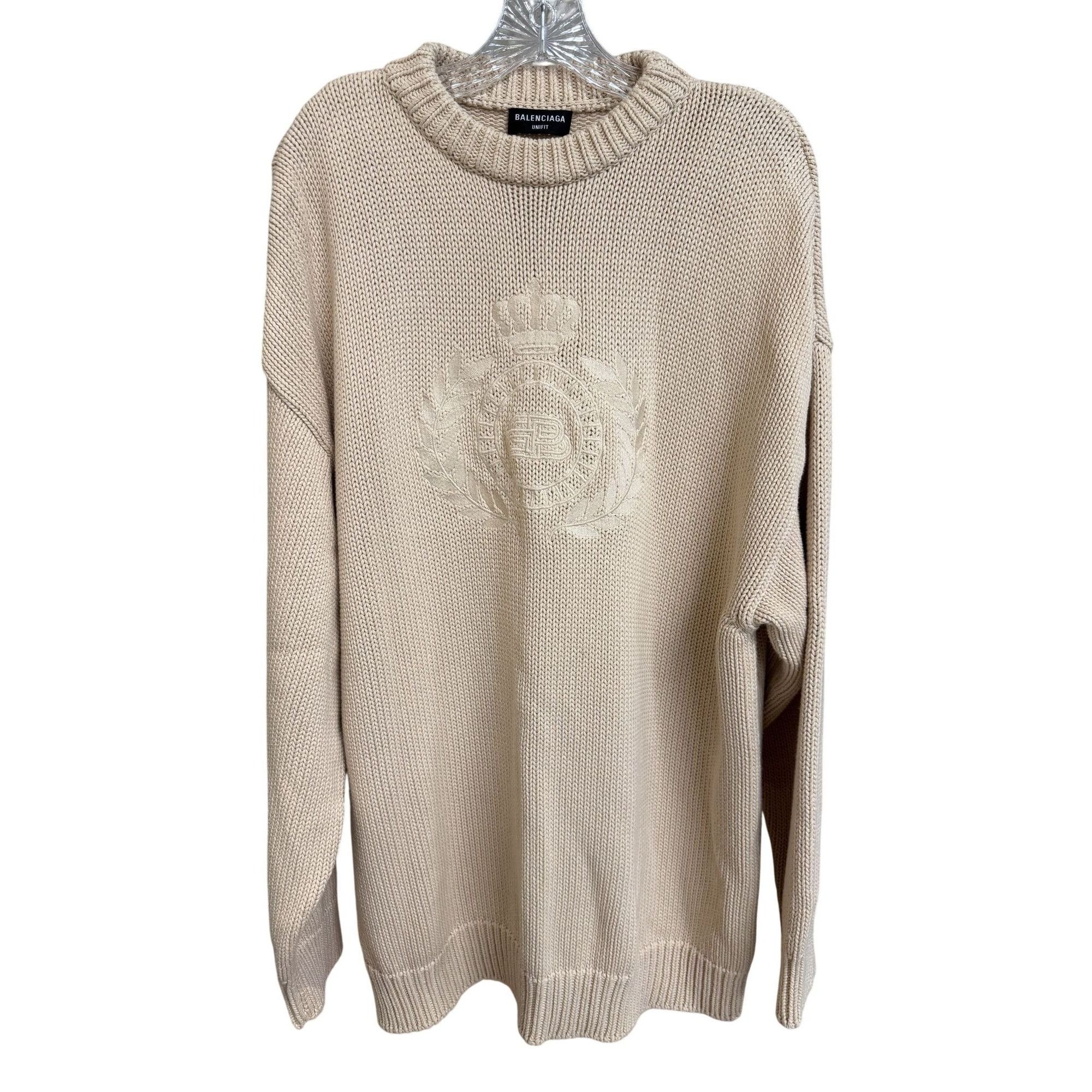 Balenciaga Balenciaga Beige Oversized Knit Sweater With Embroidered Cre Size S / US 4 / IT 40 - 1 Thumbnail