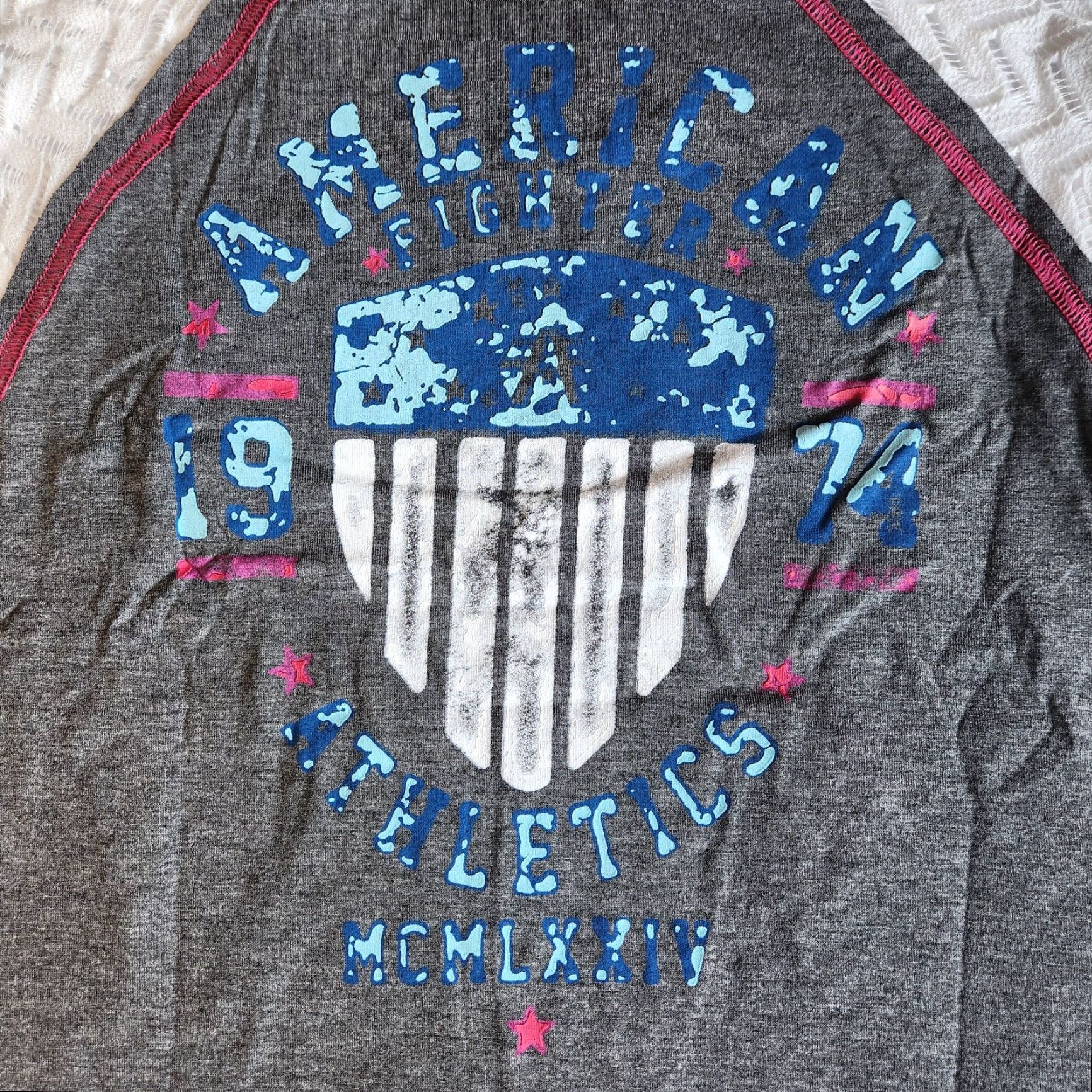 Vintage American Fighter by Affliction Fort Valley Women's SML Grey Pink Graphic T-Shirt Size S / US 4 / IT 40 - 4 Thumbnail