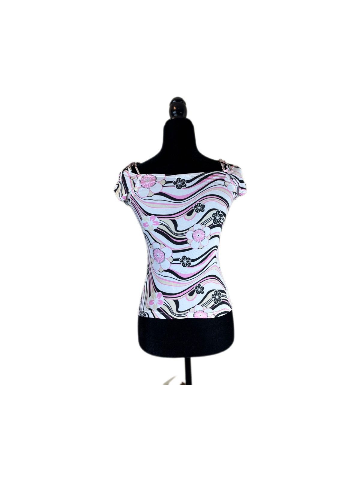 Moschino × Vintage Vintage Moschino Off-Shoulder Top Black Beige Pink Swirl Size S / US 4 / IT 40 - 2 Thumbnail