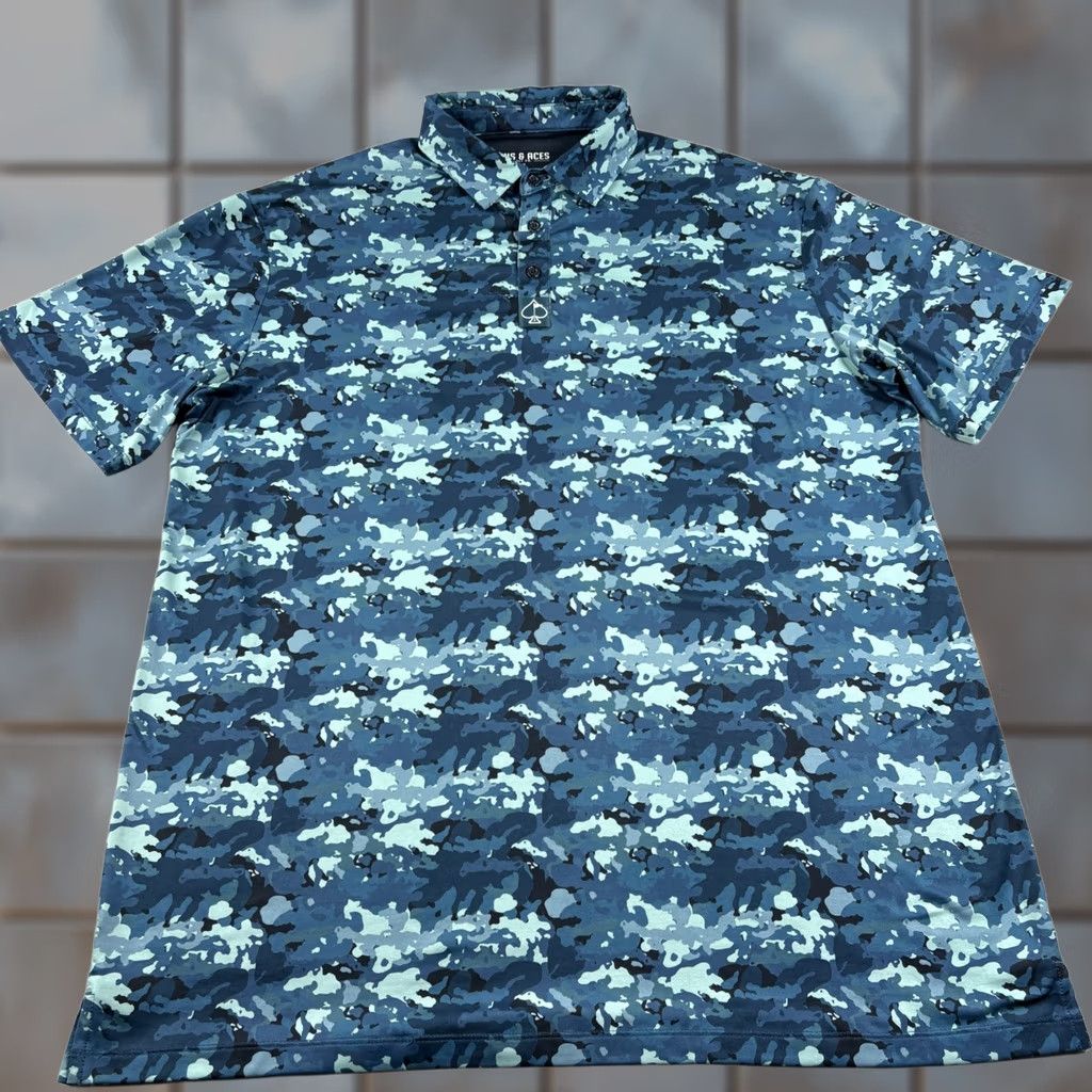Vintage Aces Pins & Aces Polo Shirt Mens 2XL Blue Camo Golf Performance Stretch Shirt Size US XXL / EU 58 / 5 - 1 Thumbnail