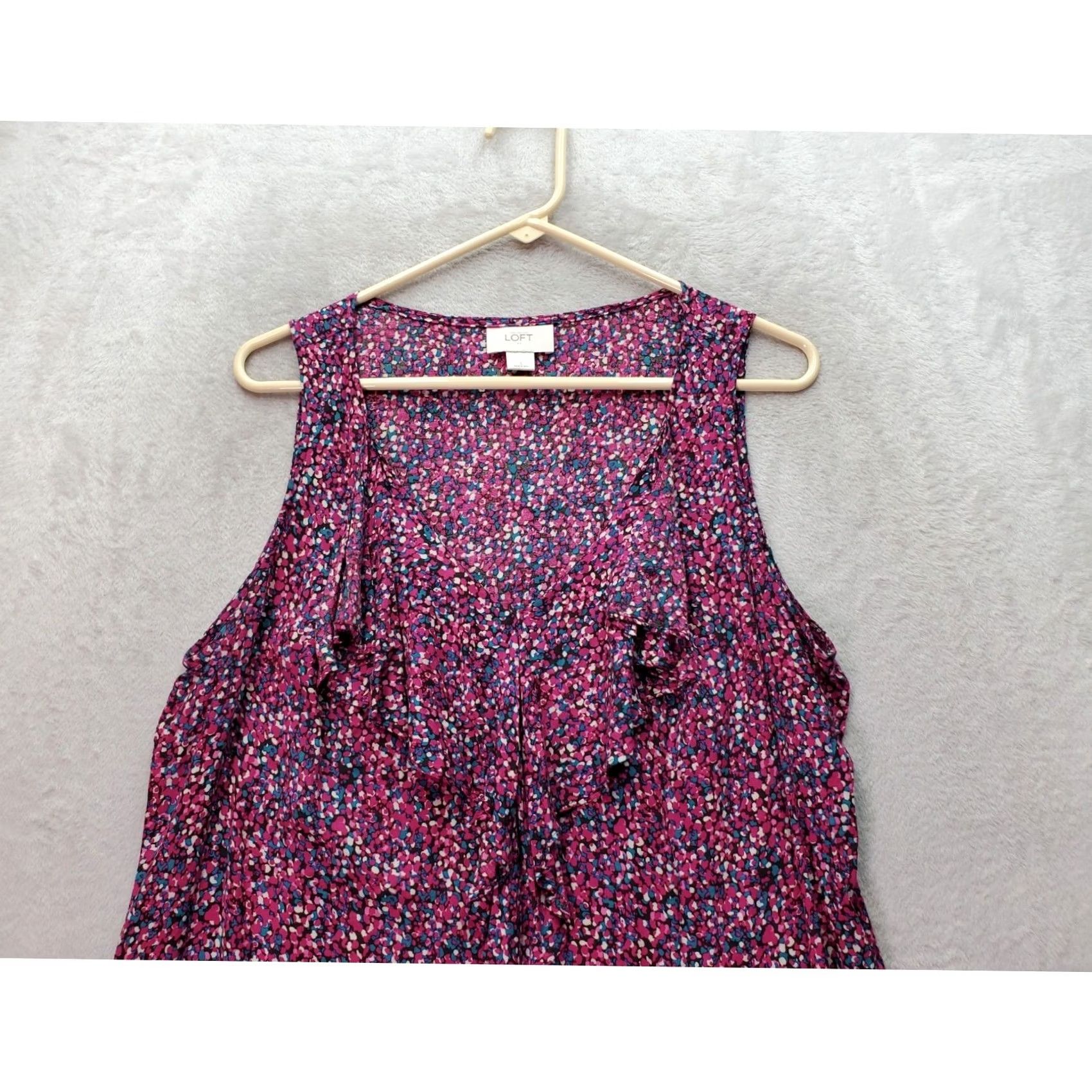 Loft LOFT Tank Top Womens Large Magenta Teal Floral Ruffle Sleeveless V Neck Pullover Size L / US 10 / IT 46 - 4 Thumbnail