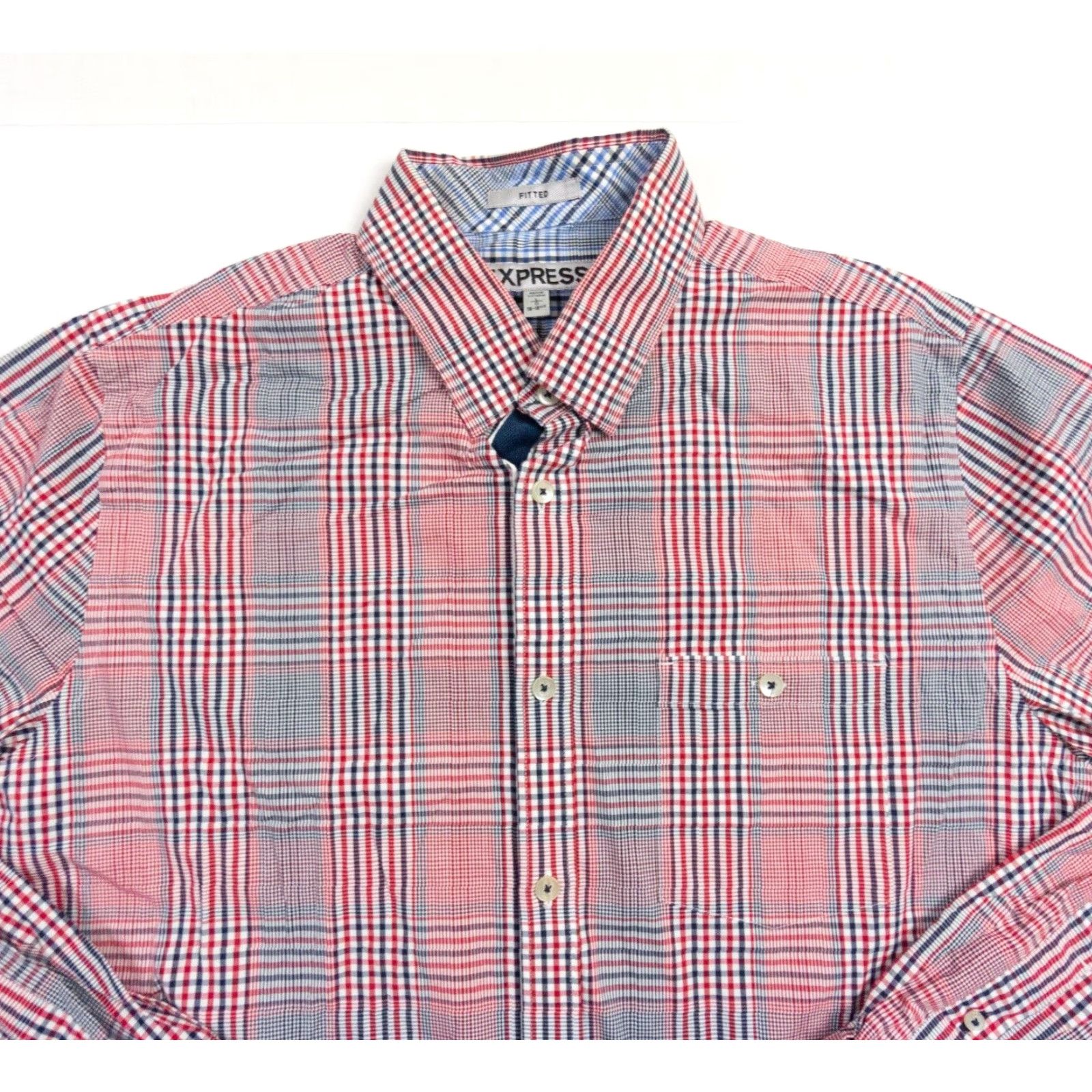Express Express Mens Large Red Long Sleeve Button Up Fitted Check Plaid Stretch Shirt Size US L / EU 52-54 / 3 - 2 Thumbnail