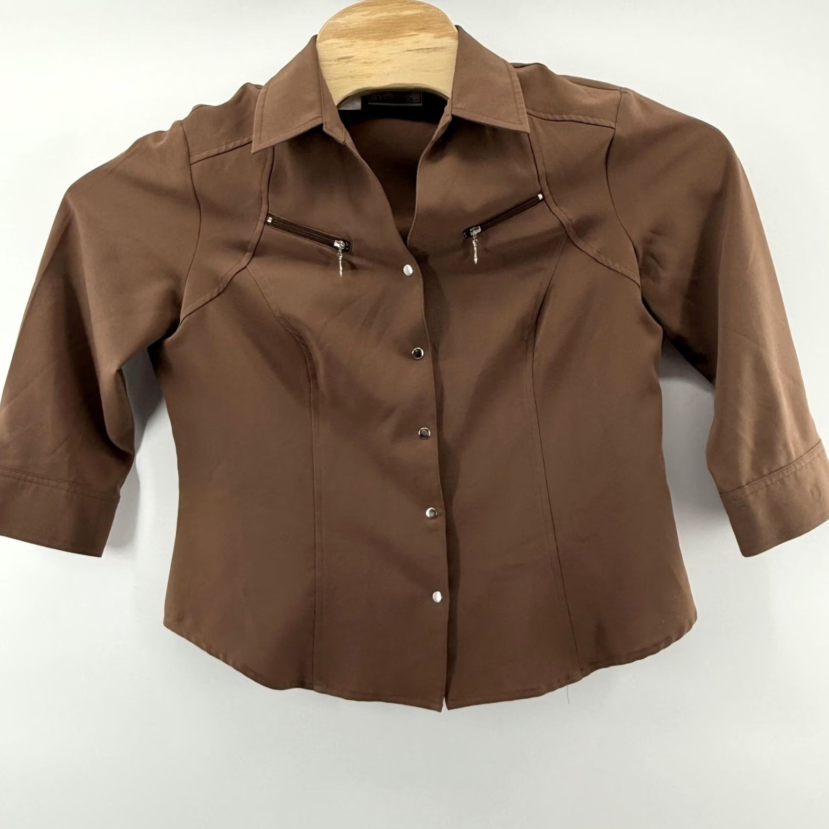 Vintage Cathy Che Stretch Shirt Womens Size 10 Brown 3/4 Sleeve Button Up Fitted Top Size L / US 10 / IT 46 - 4 Thumbnail