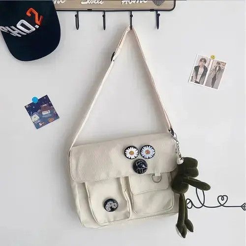 Japanese Brand Canvas Crossbody Roomy Solid Streetwear Bags Size ONE SIZE - 4 Thumbnail