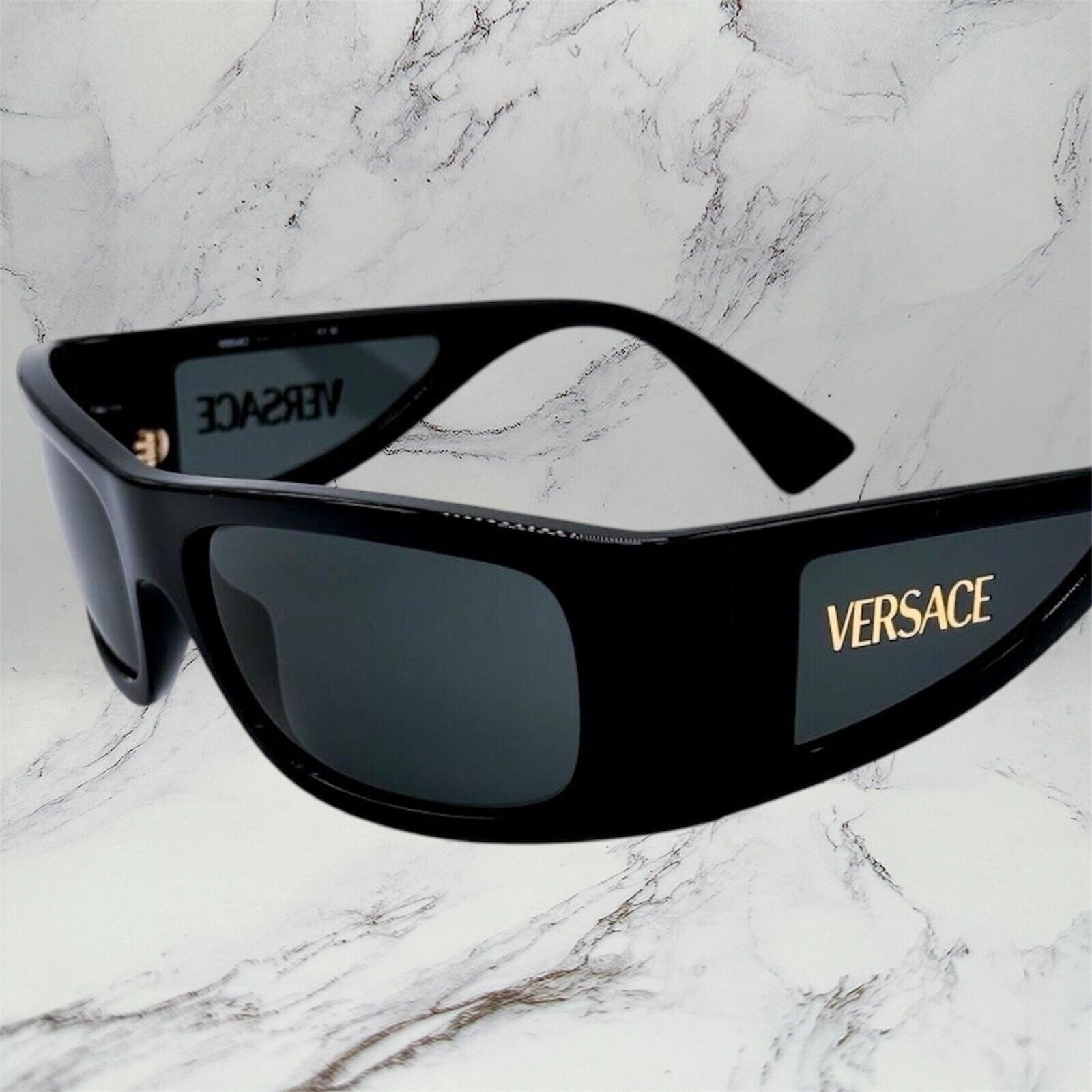 Versace VERSACE Sunglasses New Black Square Wrap Shield Mask Acetate Size ONE SIZE - 5 Thumbnail