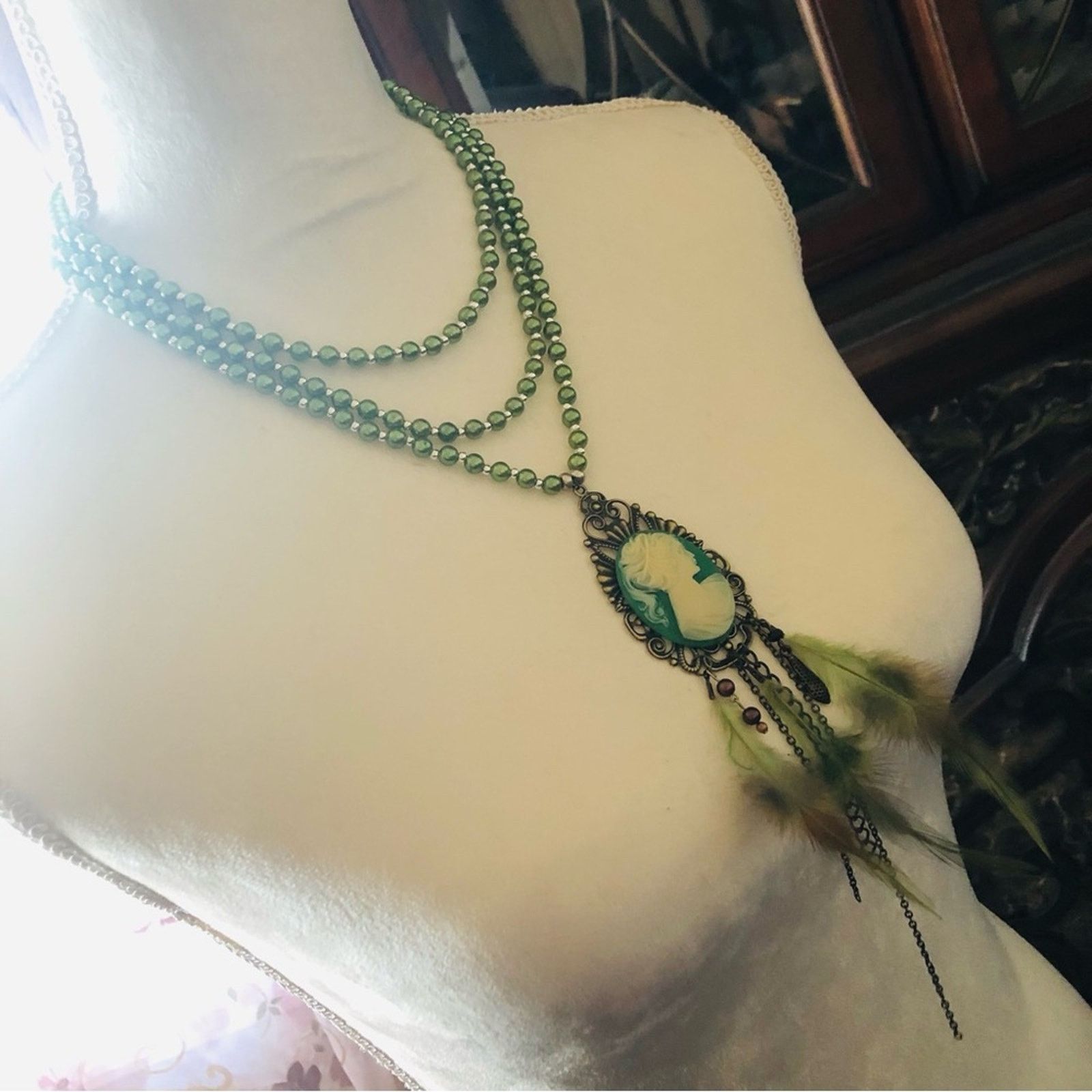 Handmade Handcrafted filigree green cameo genuine malachite necklac Size ONE SIZE - 3 Thumbnail