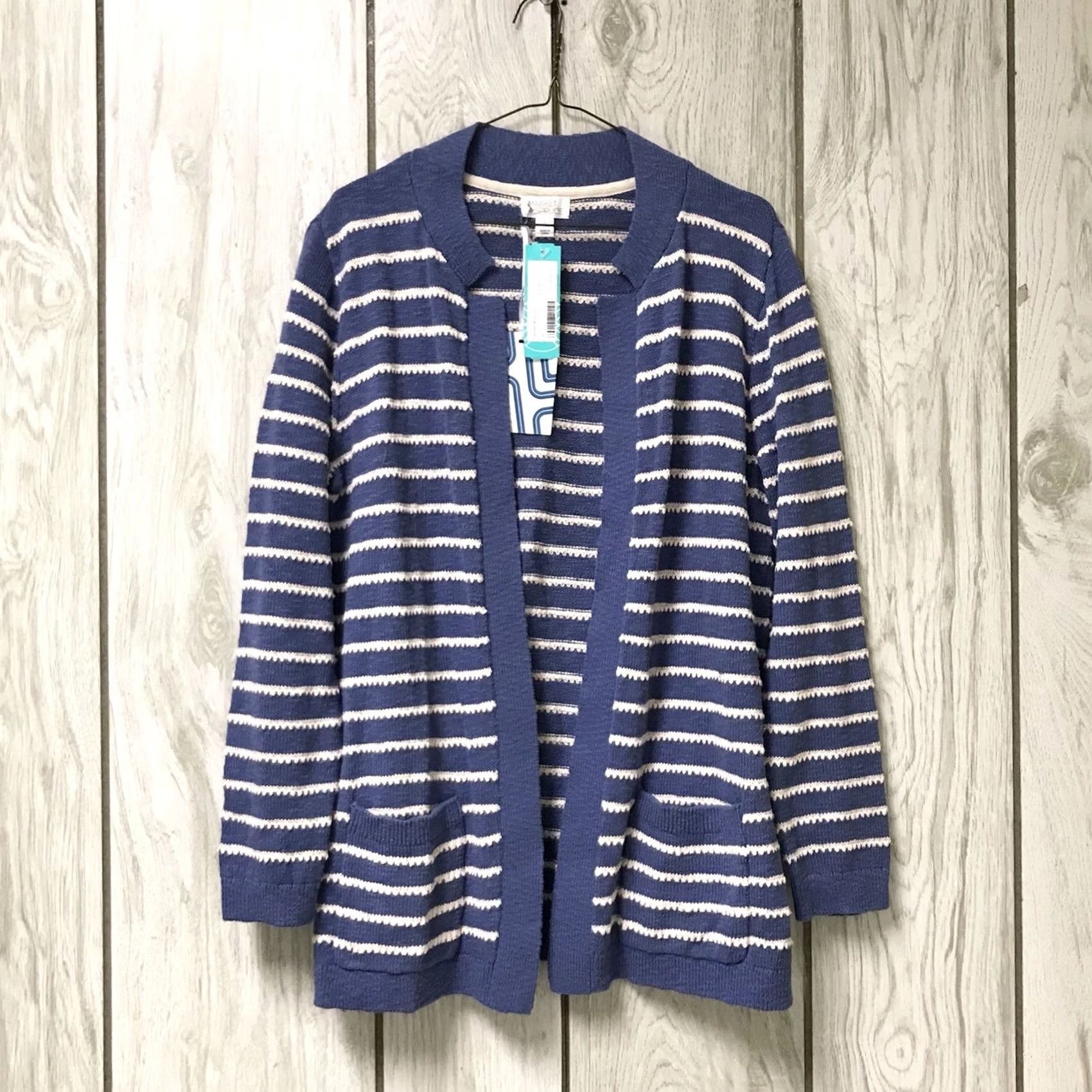 Market Market & Spruce Women Blue/White Stripe Rosey Textured Stitch Cardigan Sweater L Size L / US 10 / IT 46 - 4 Thumbnail