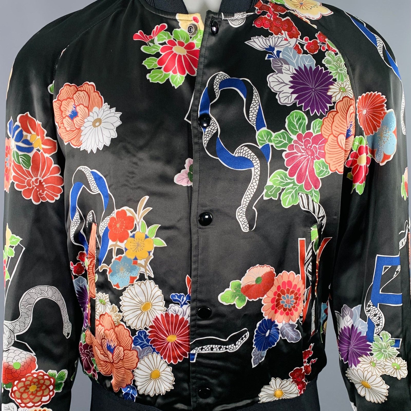 Saint Laurent Paris 40 Black Multi Color Floral Viscose Varsity Jacket Size US L / EU 52-54 / 3 - 2 Thumbnail