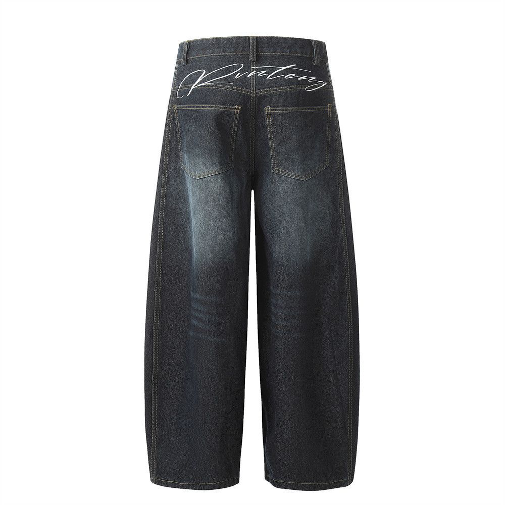 Japanese Brand × Jean Men's street loose wide-leg letters embroidered washed jeans Size US 32 / EU 48 - 3 Thumbnail
