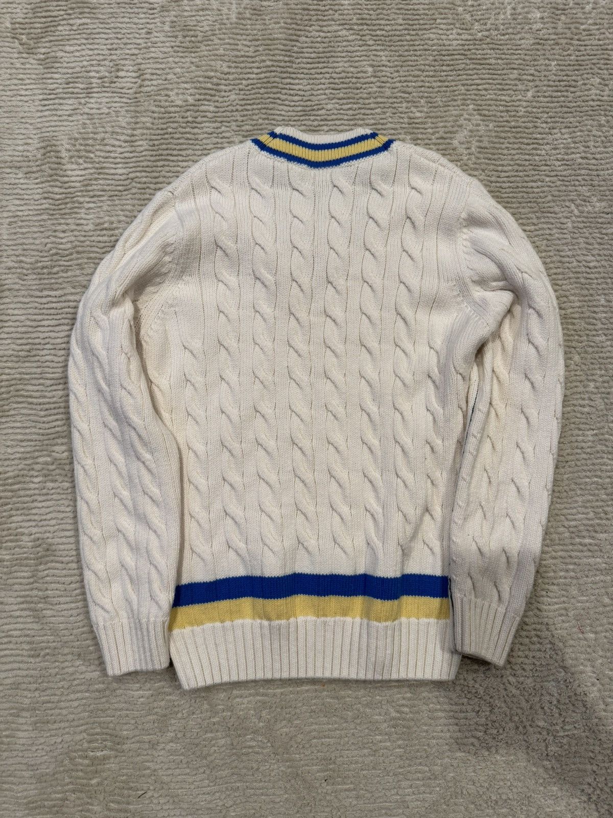 Lacoste Lacoste Cable Knit Tennis V-Neck Sweater – White/Blue/Yellow Size US L / EU 52-54 / 3 - 2 Thumbnail