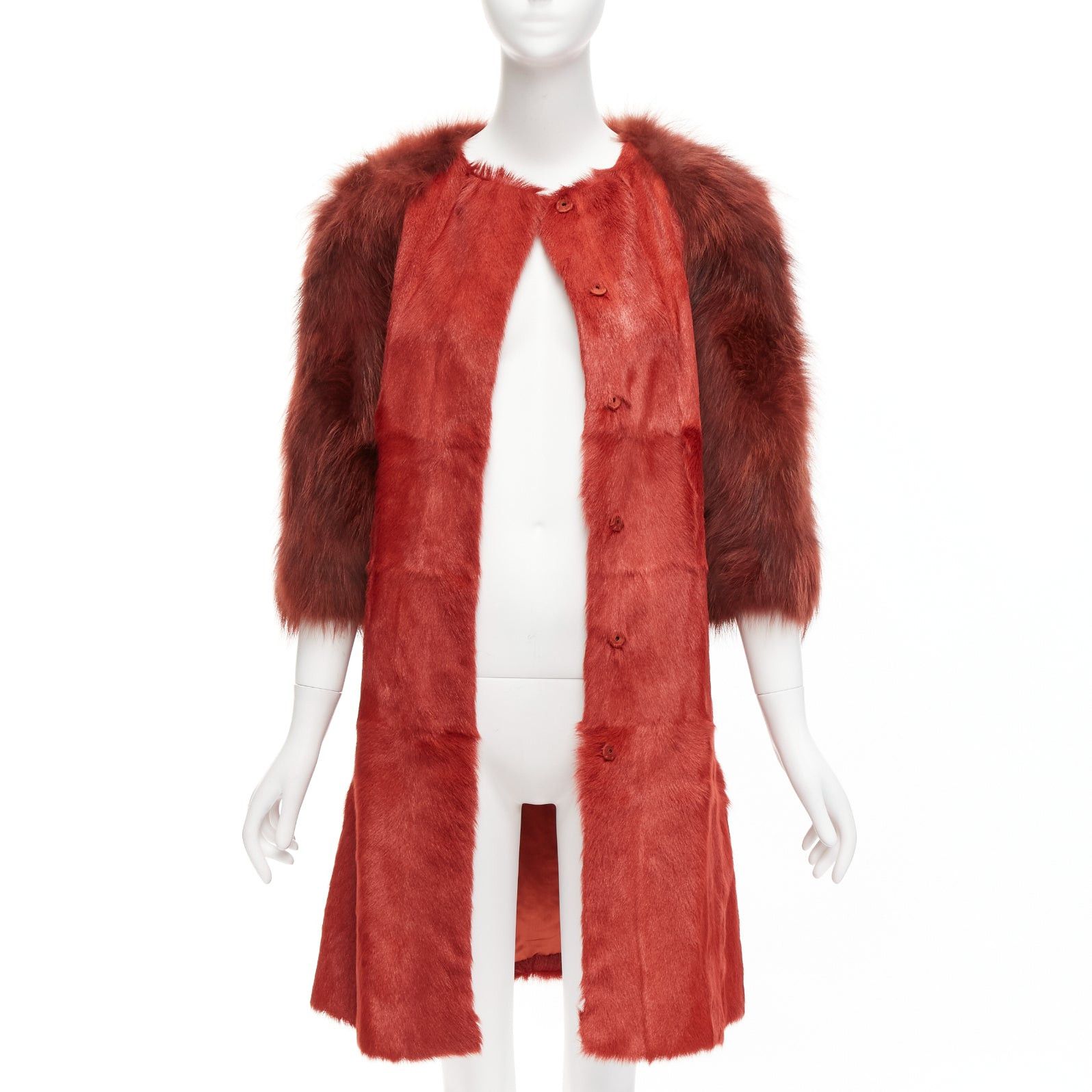 Giambattista Valli GIAMBATTISTA VALLI red genuine fur patchwork contrast raglan sleeve long coat Size M / US 6-8 / IT 42-44 - 1 Thumbnail