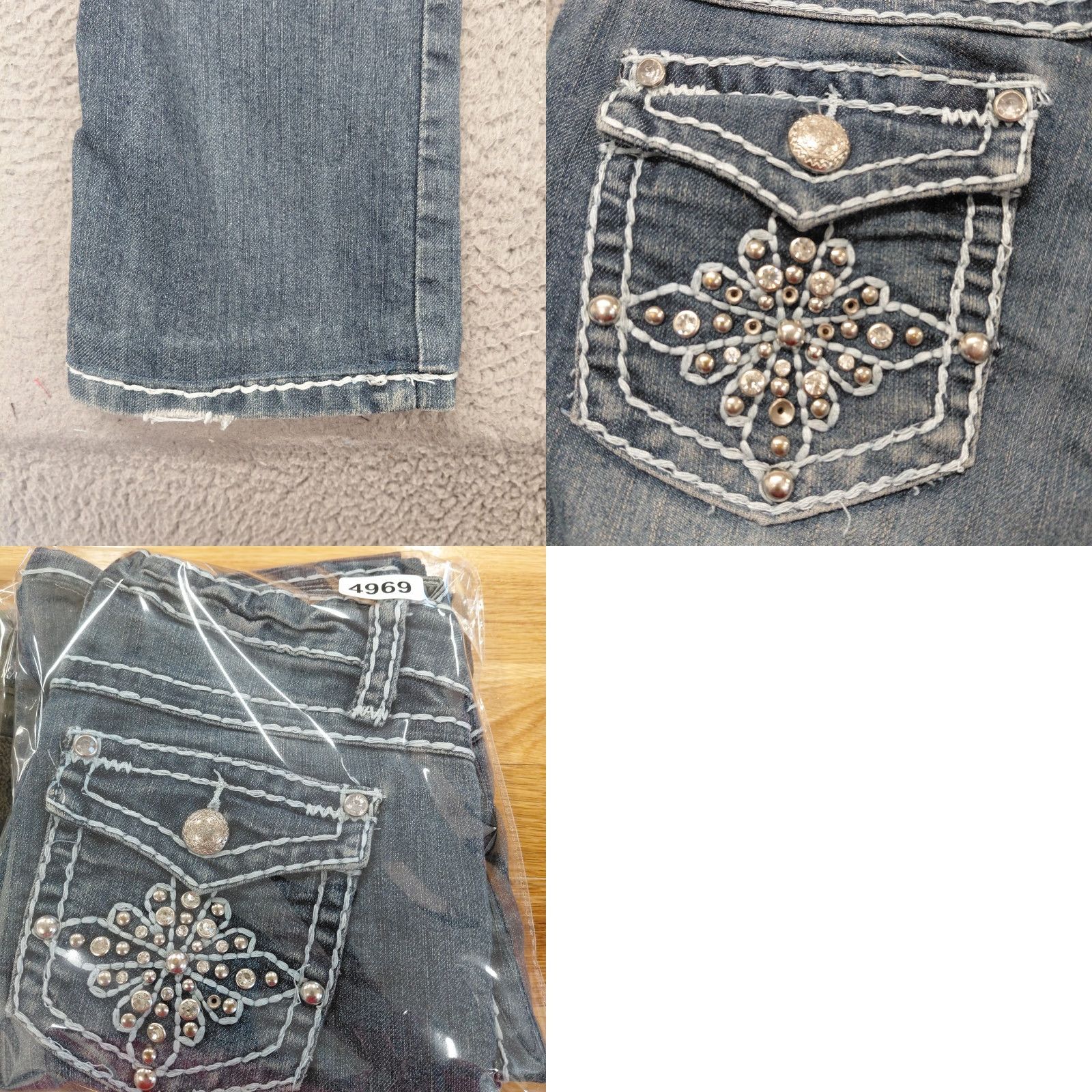 Miss Me Unbranded Signature Jeans Women's Size 4 Straight Embroidered Studded Mid Rise Dark Blue Jeans Ladies Women's 4 Pockets Distressed Bling Size 27" / US 4 / IT 40 - 9 Thumbnail