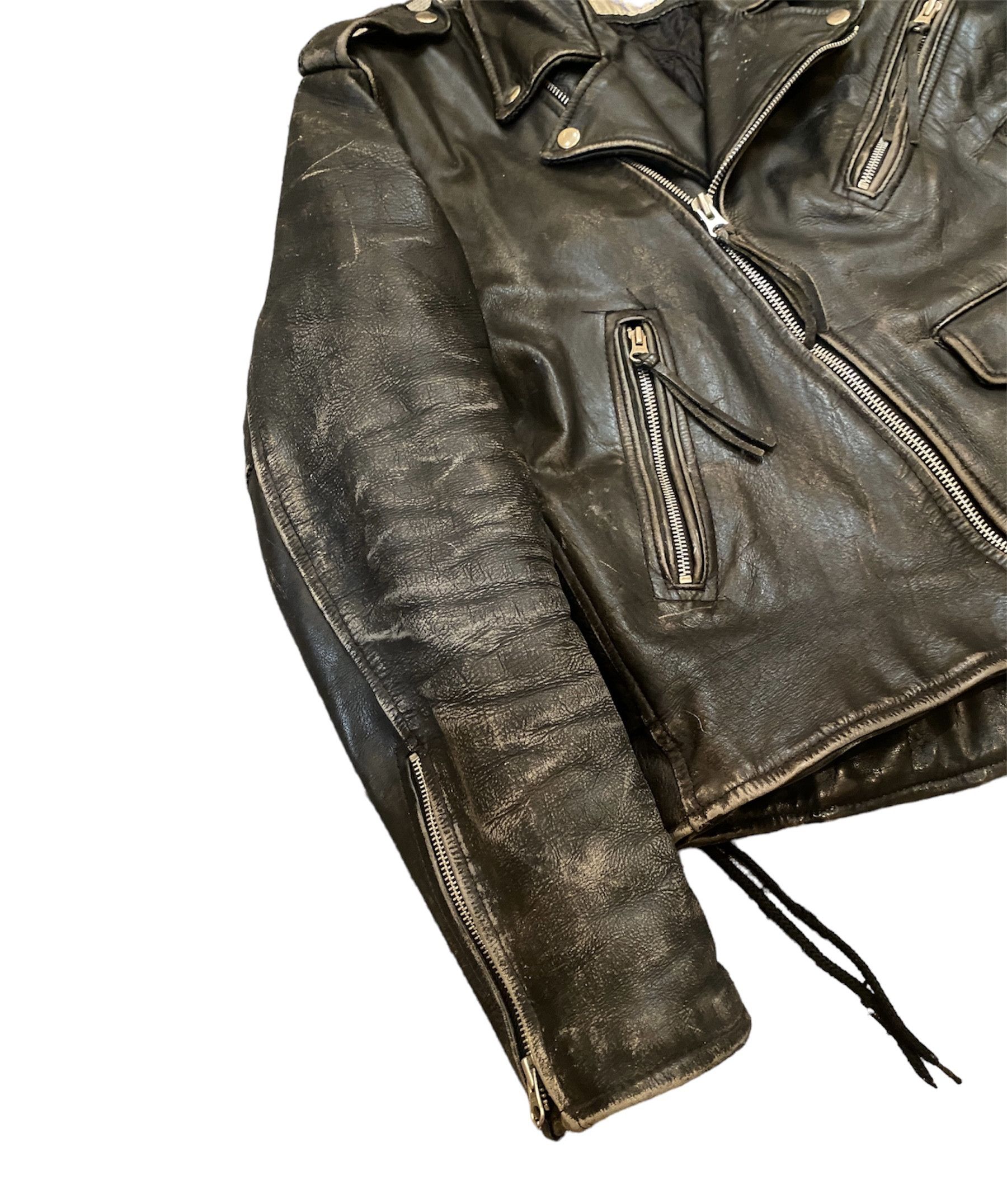 image of Genuine Leather x Leather Jacket Vintage 80's Motorcycle Distressed Leather Biker Jacket in Black D