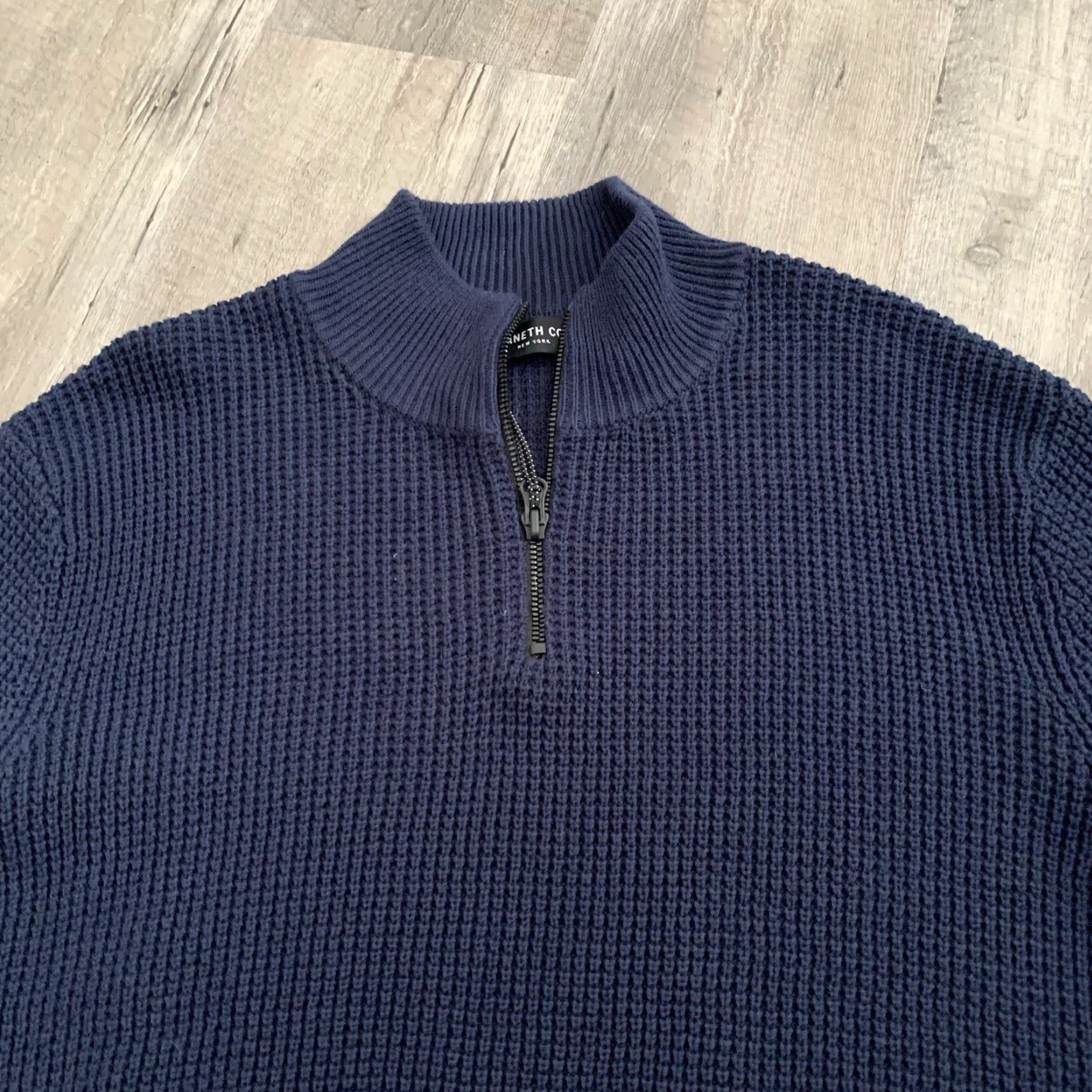 Kenneth Cole KENNETH COLE Sweater Mens XL Blue 1/4 Zip Waffle-Knit Pullover Cotton Acrylic Mock Neck Long Sleeve Casual Classic Foldable? Size US XL / EU 56 / 4 - 3 Thumbnail