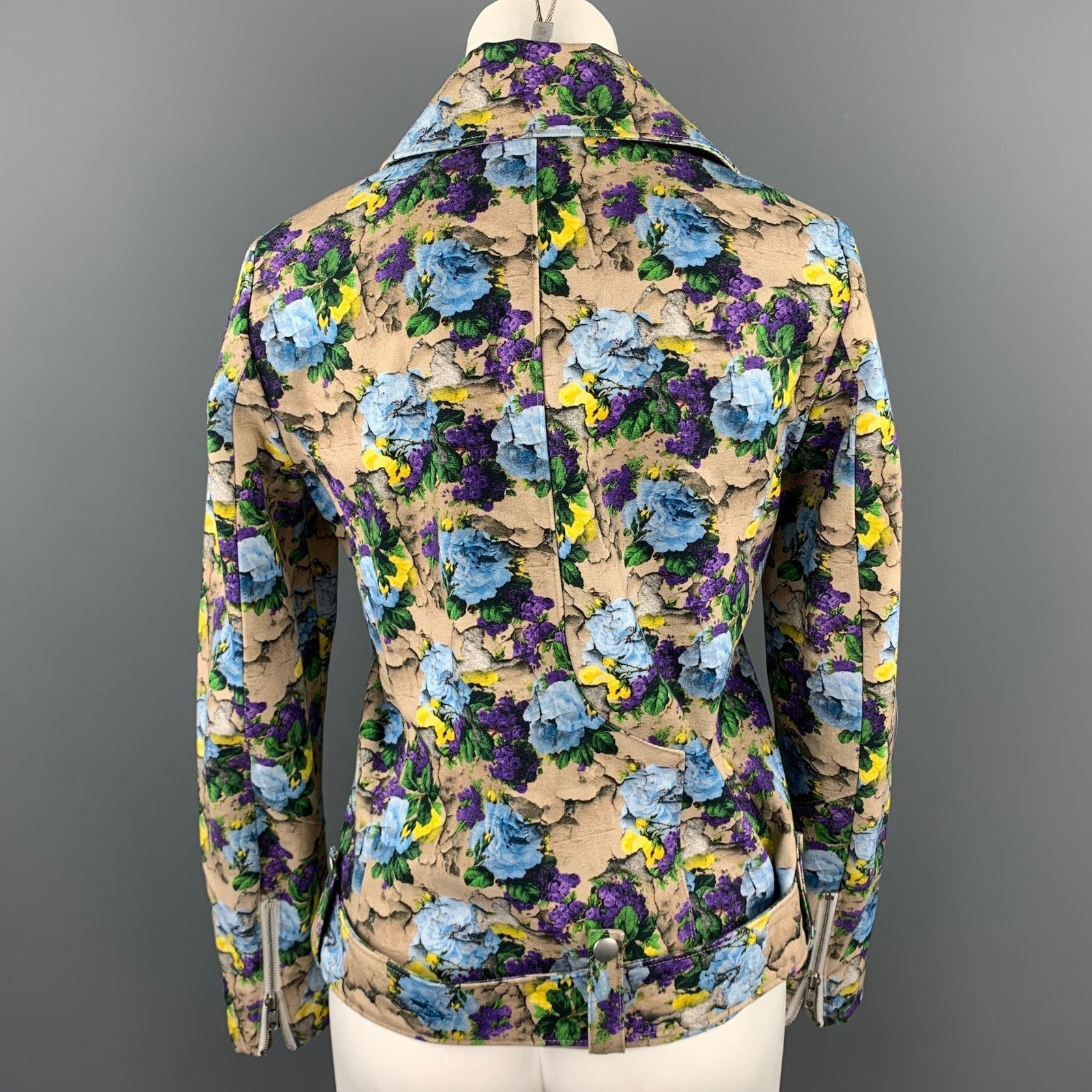 MSGM MSGM Size 4 Khaki & Purple Floral Cotton Biker Jacket Size S / US 4 / IT 40 - 4 Thumbnail