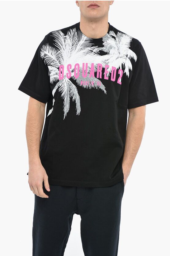 image of Dsquared2 Palms Slouch T-Shirt With Graphic Print in Black, Men's (Size 2XL)