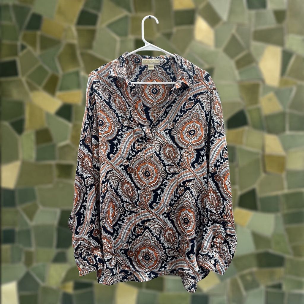 Michael Kors Michael Kors Blouse Womens XL Blue Paisley Collared V-Neck Long Sleeve Size XL / US 12-14 / IT 48-50 - 1 Thumbnail