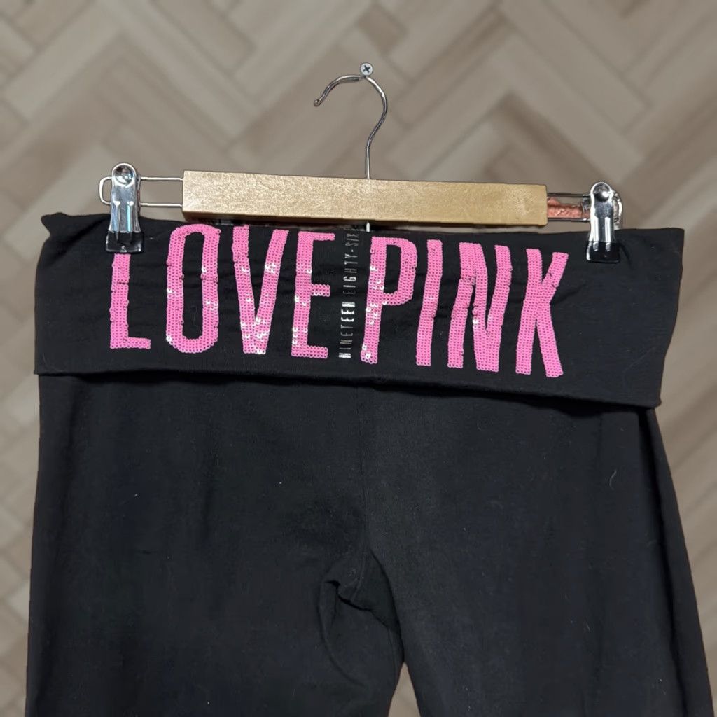 Victoria's Secret VINTAGE Victoria's Secret VS Black Foldover Yoga Pants Pink Sequin Large Size 36" / US 14 / IT 50 - 1 Thumbnail