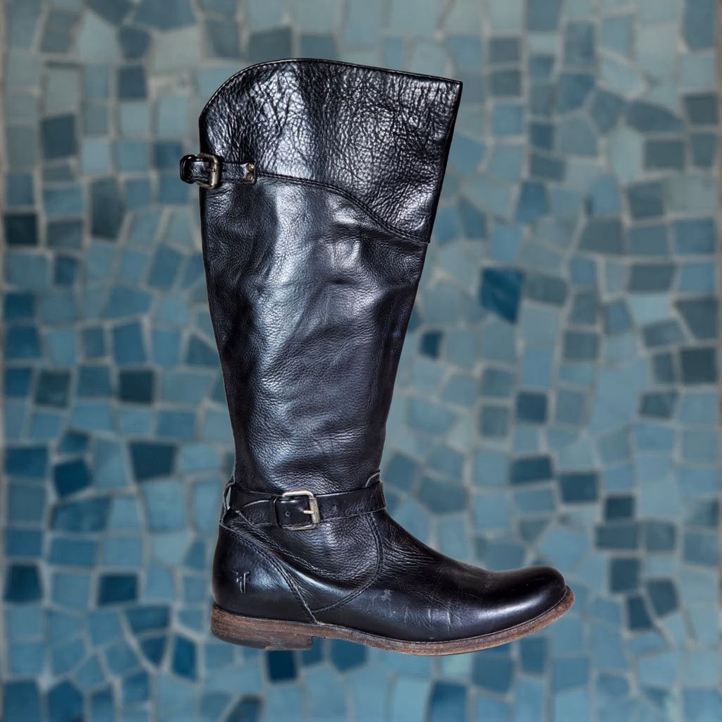Frye FRYE Phillip Riding Tall Boots Black Leather 3476844 Women's US 9.5 B Knee High Buckle Zip Leather Lining Block Heel VGC Size US 10 / IT 40 - 1 Thumbnail